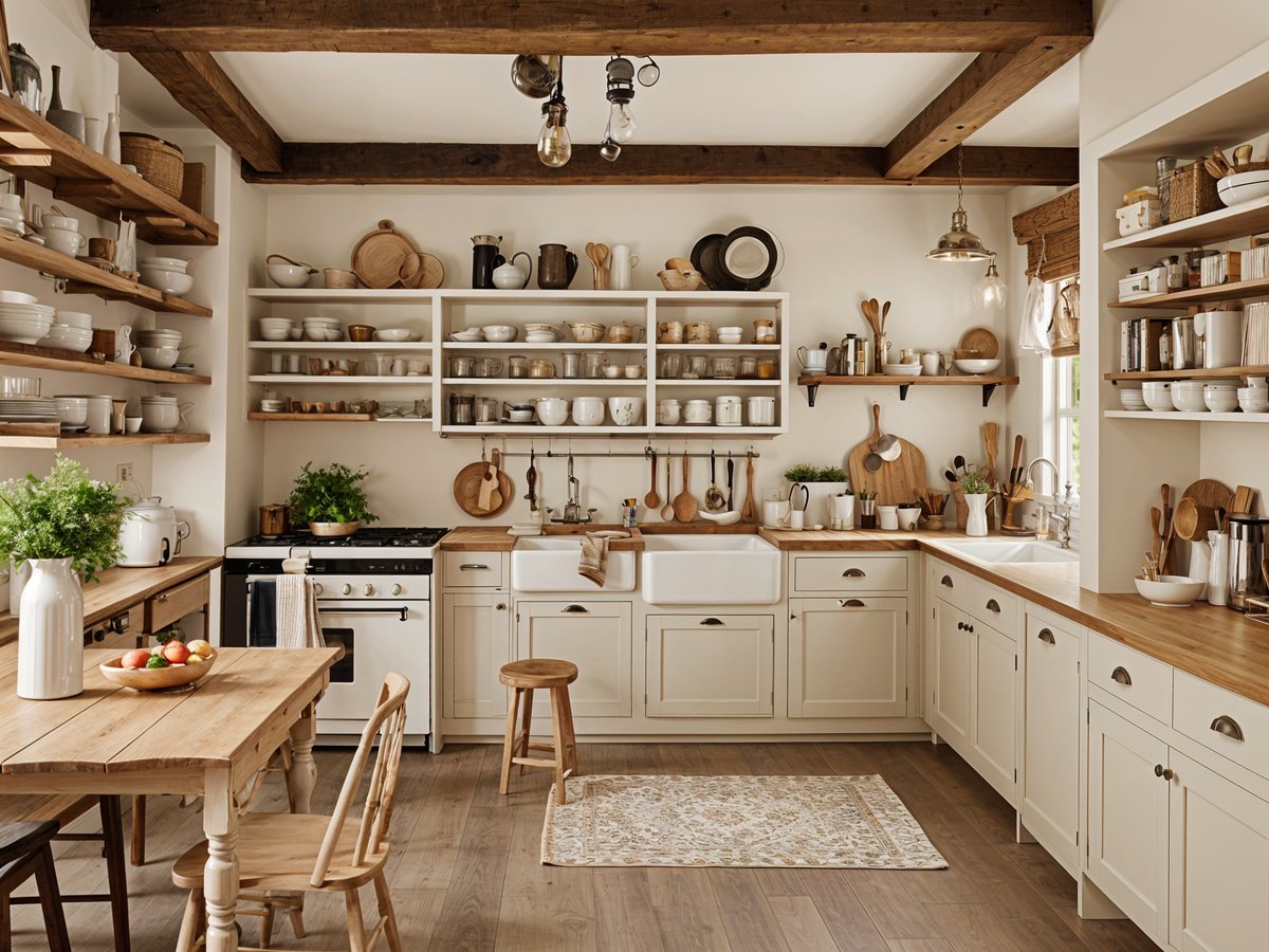 A kitchen with wooden cabinets and a stove top oven. The cabinets are white and the countertops are light brown. The kitchen is well-organized and has a variety of cooking utensils and dishes on display.