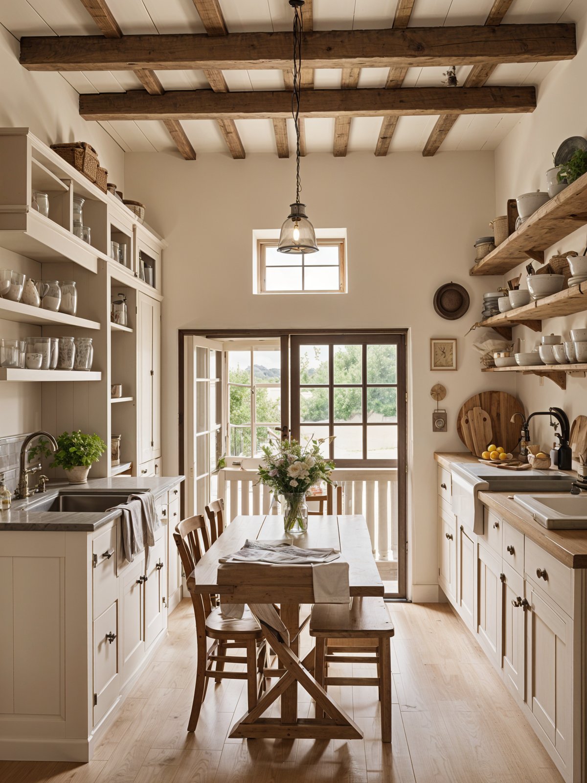 A kitchen with a wooden table and chairs, a window, and a sink. The table is set with a vase of flowers and a bowl of fruit.