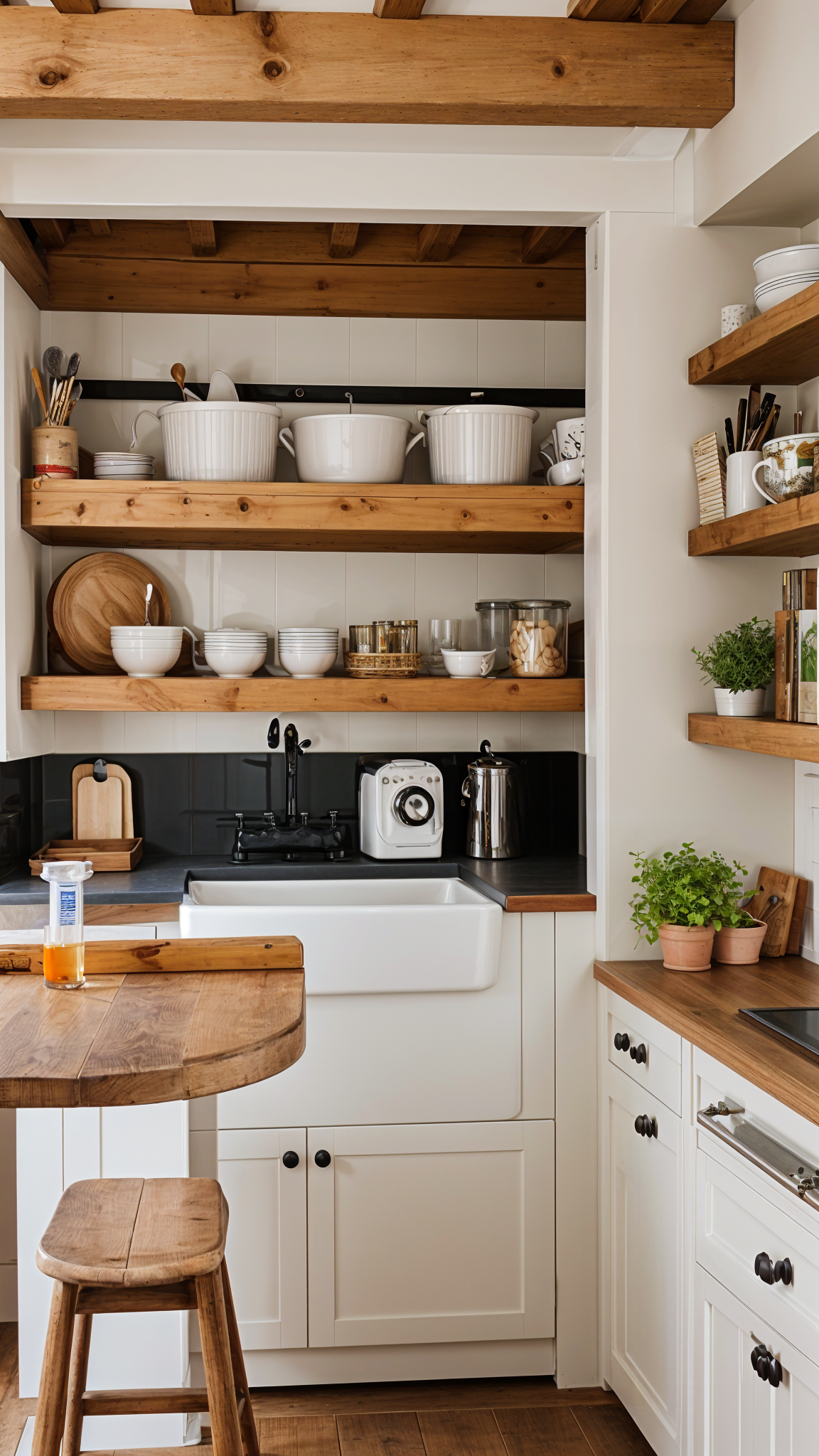 A kitchen with a white sink, wooden cabinets, and a wooden island. The kitchen is well-organized with various items such as pots, pans, and bowls neatly arranged on shelves.