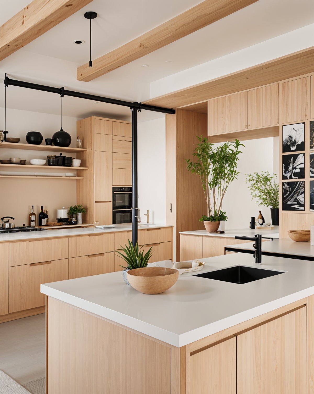 A kitchen with a white countertop, wooden cabinets, and a large island. The kitchen is equipped with a sink, stove, and oven. There are also several potted plants and bottles throughout the space.