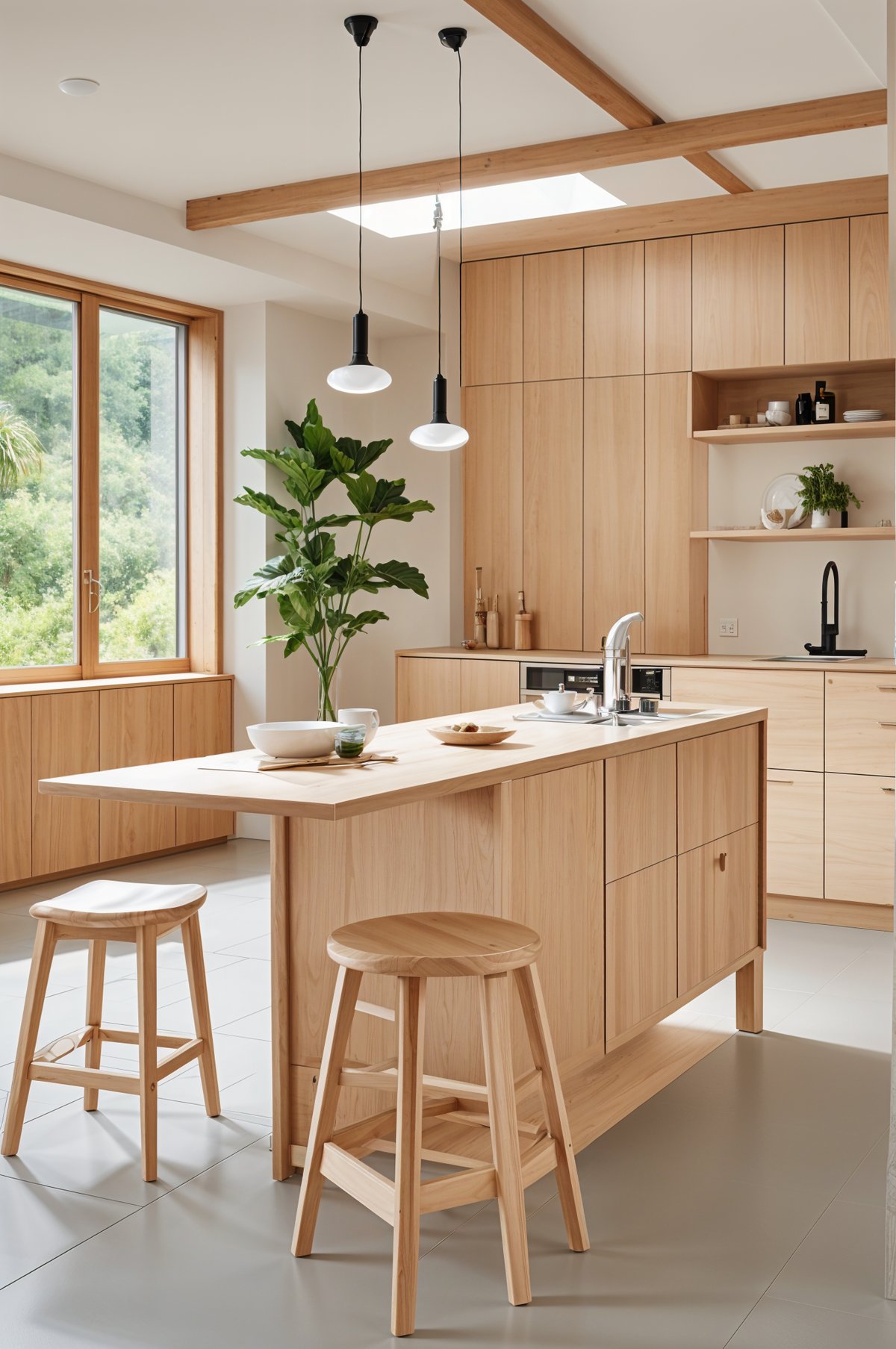 A kitchen with a center island and a potted plant on top. The island has a bowl and a vase on it. The kitchen is filled with wooden cabinets and a stove top oven. There are also two stools placed near the island.