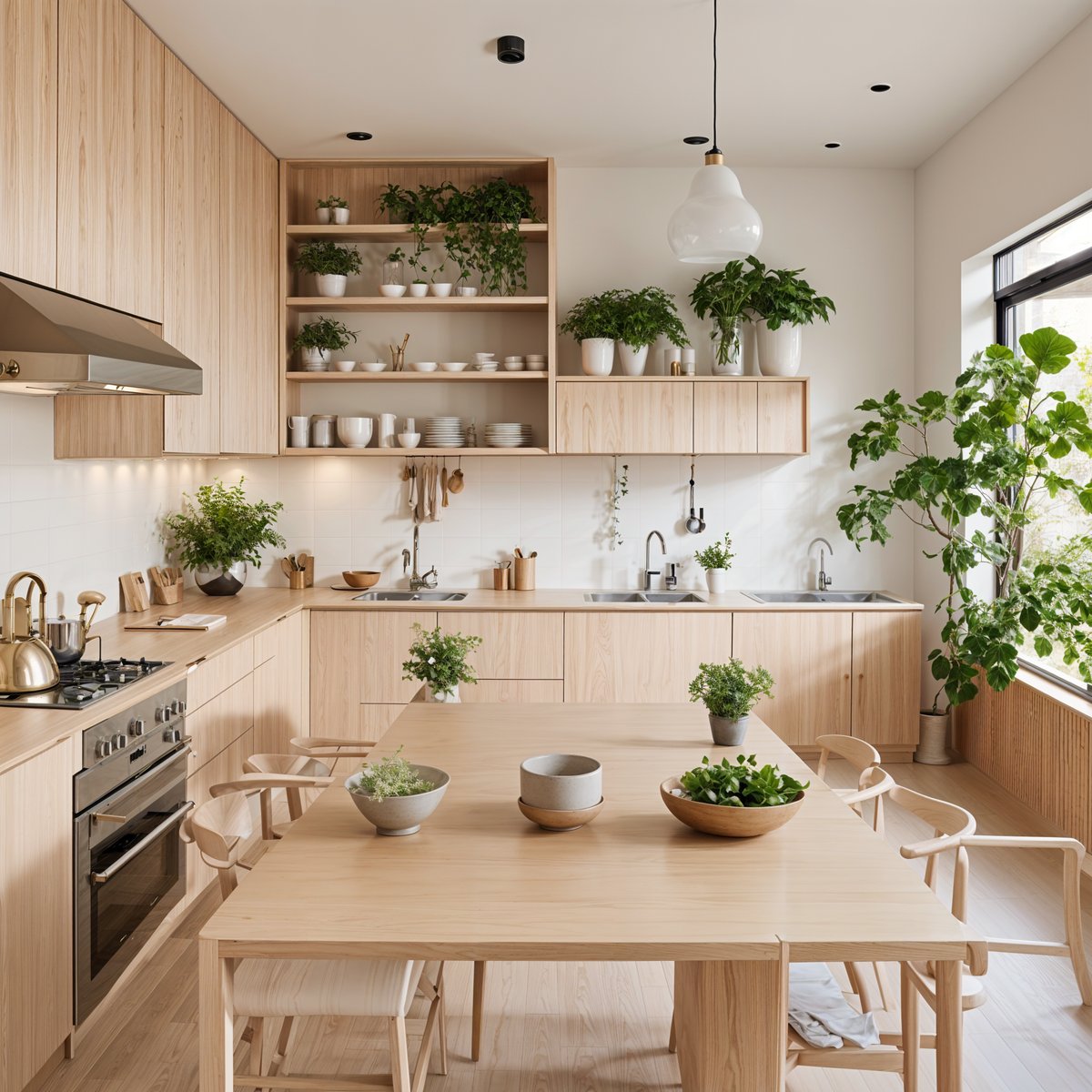 A wooden table with bowls and potted plants on it, in a kitchen with a window and a sink.