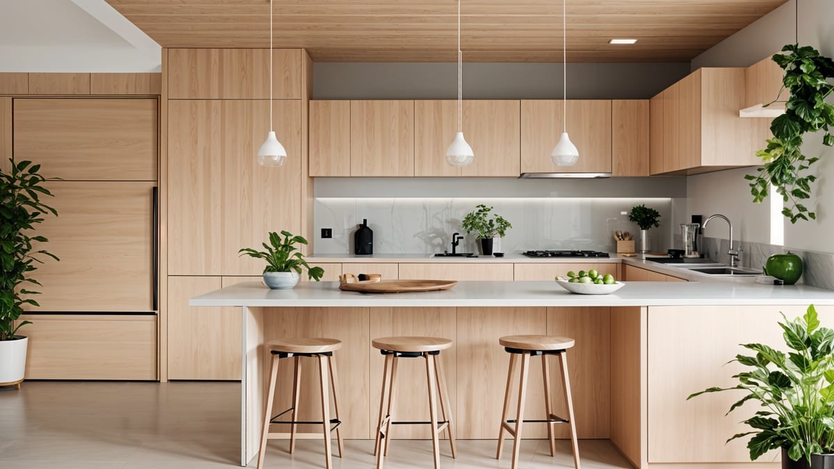 A modern kitchen with a japandi design style, featuring a large island with stools, a sink, oven, and potted plants. The island has a cutting board on top, and there are bowls and apples on the countertops.