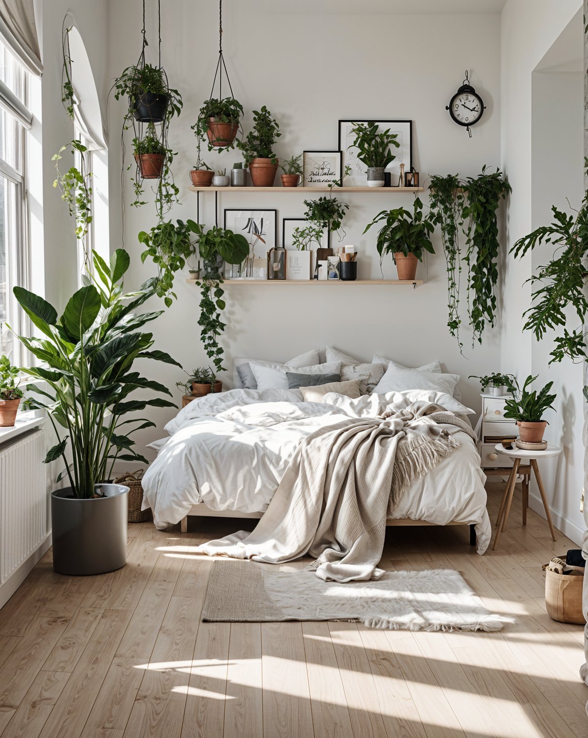 Bedroom with a bed, potted plants, and a clock on the wall.