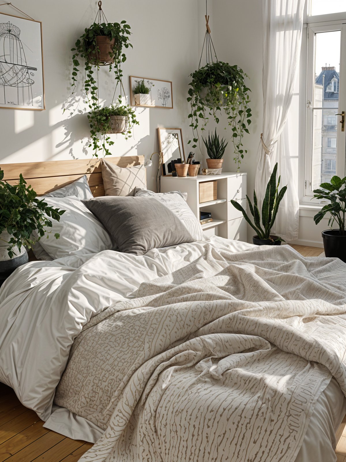 A cozy bedroom with a large bed, white bedding, and a blanket. The room also features a few potted plants.