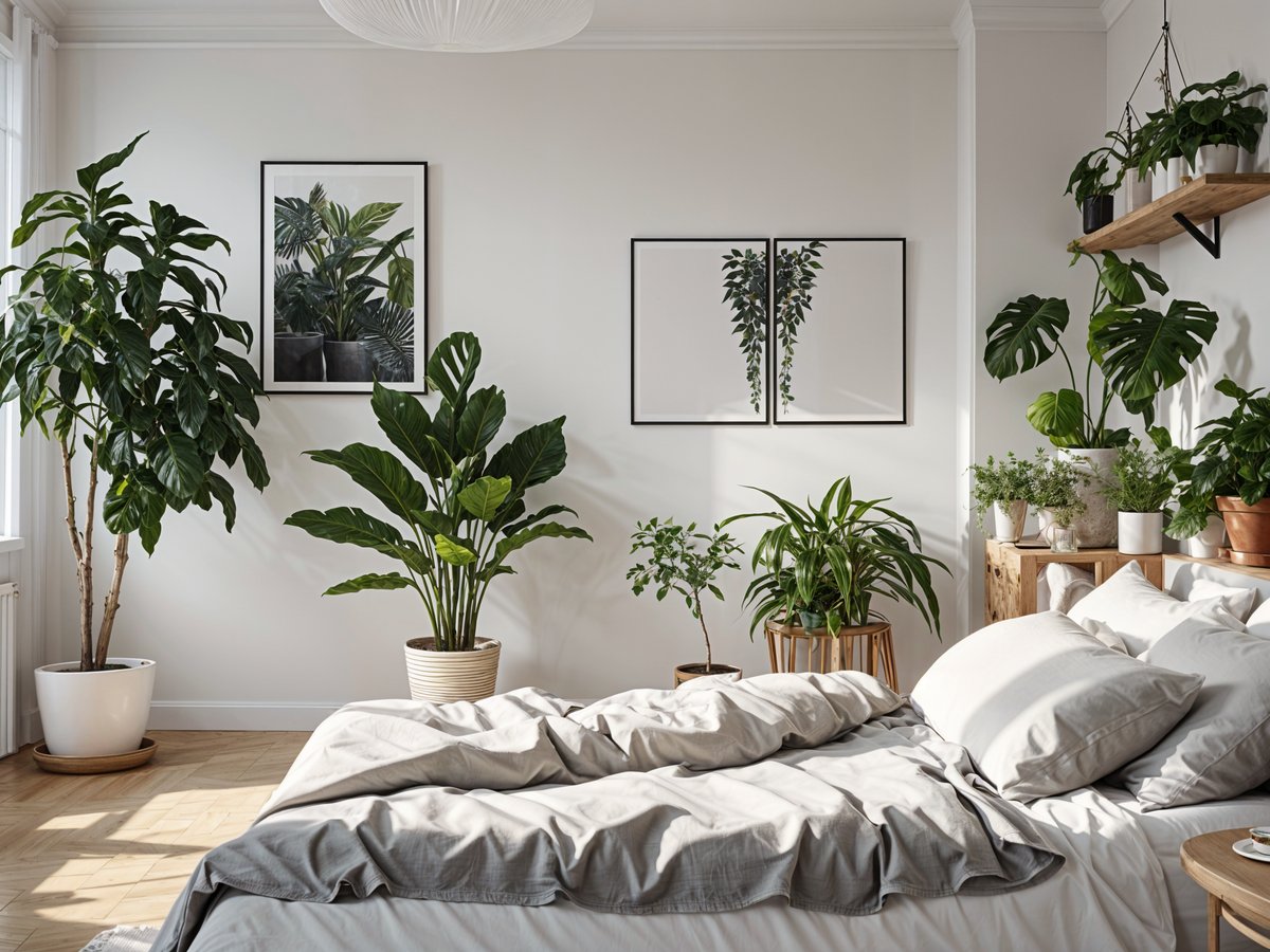 A bedroom with a large bed and several potted plants, featuring a Scandinavian design style.