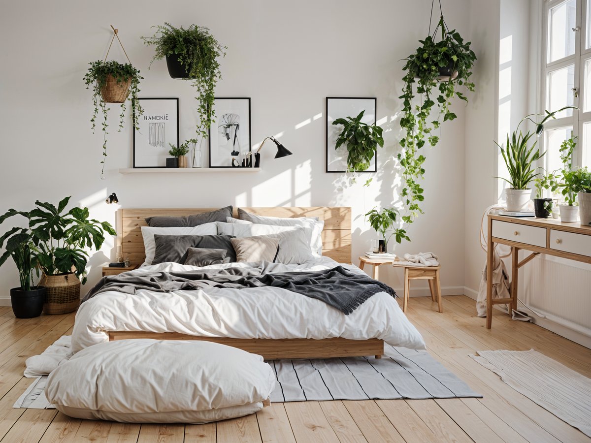 A cozy bedroom with a large bed and a rug, featuring a variety of potted plants.