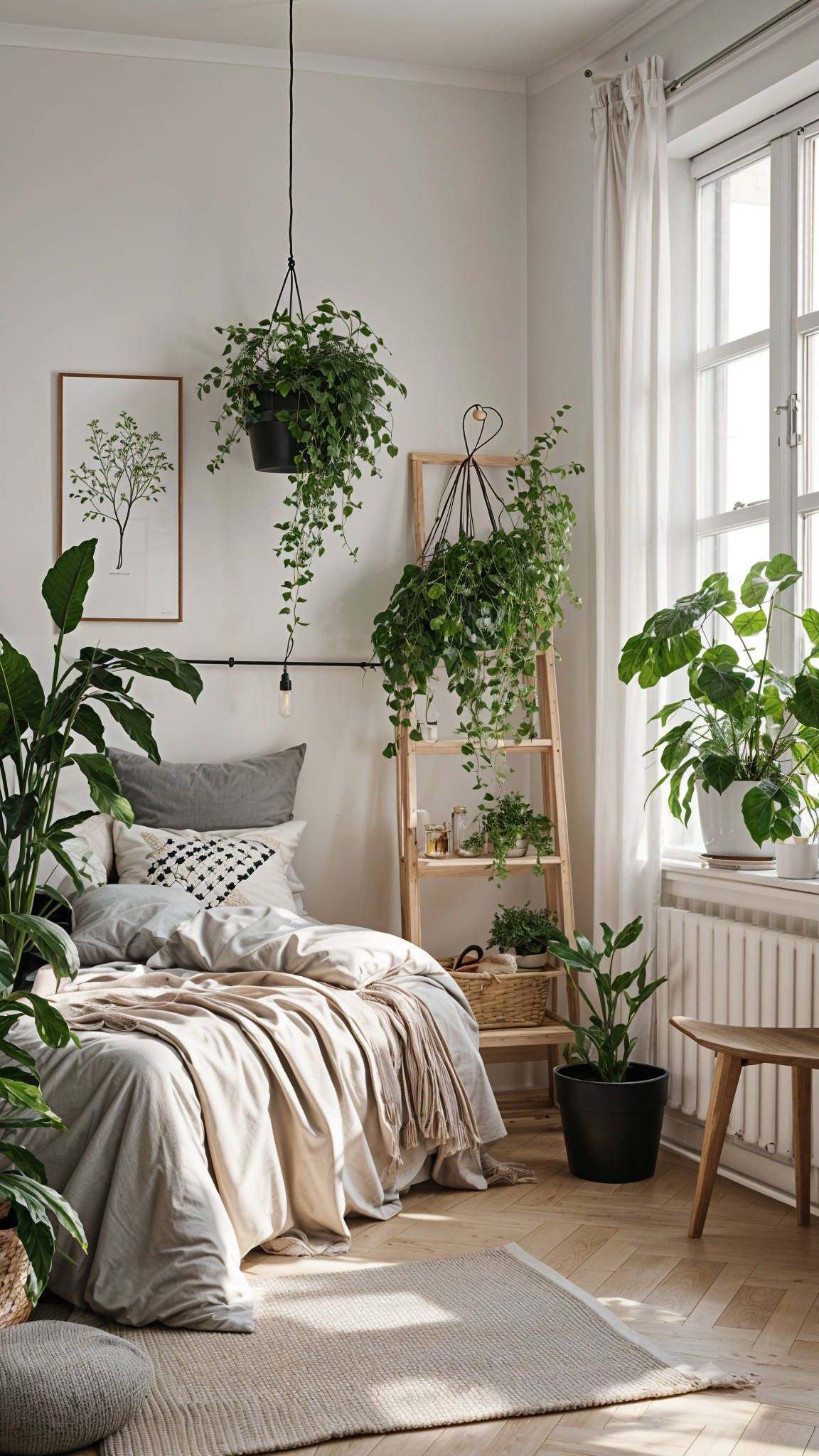 A bedroom with a bed, window, and potted plants. The plants are arranged on a shelf and a small table, creating a Scandinavian-style atmosphere.