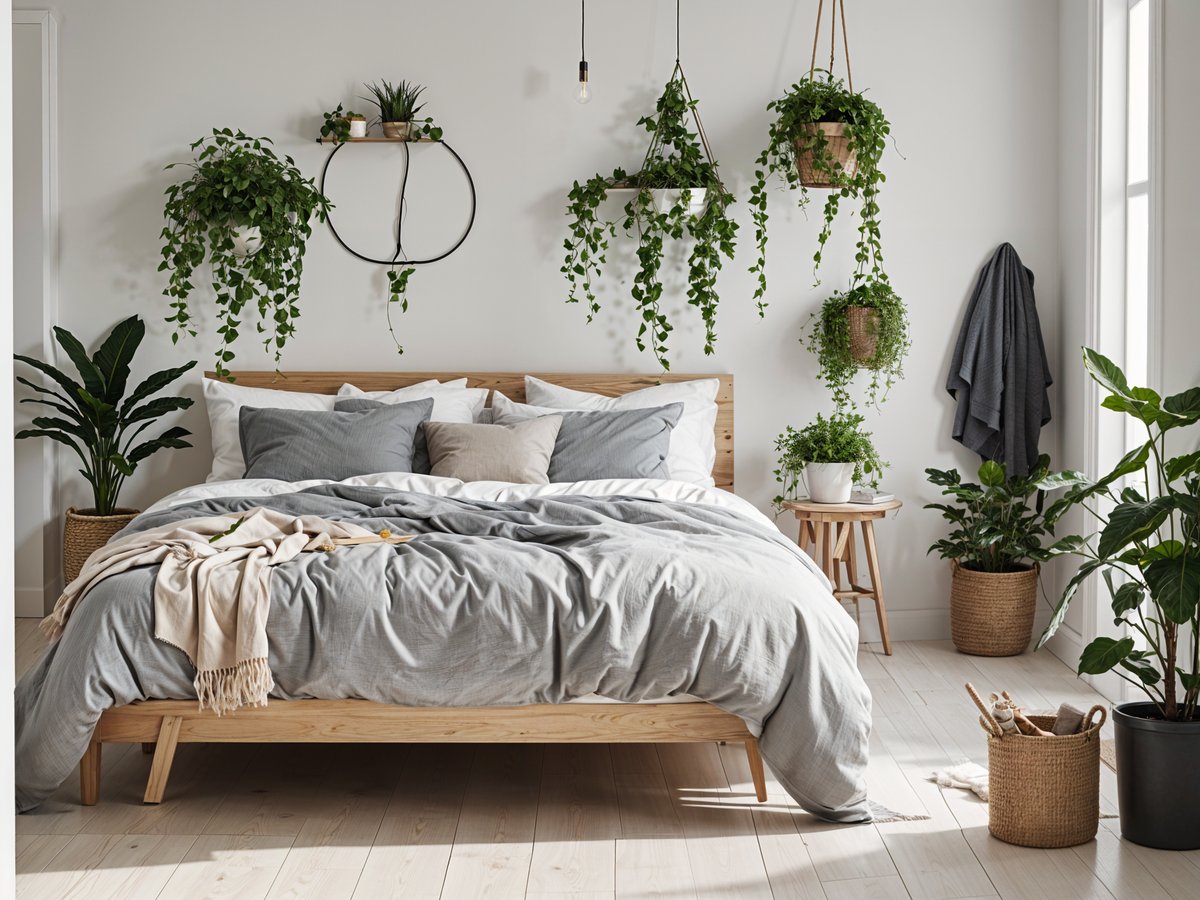 Scandinavian bedroom with a large bed, wooden headboard, and several potted plants on the walls and a table.