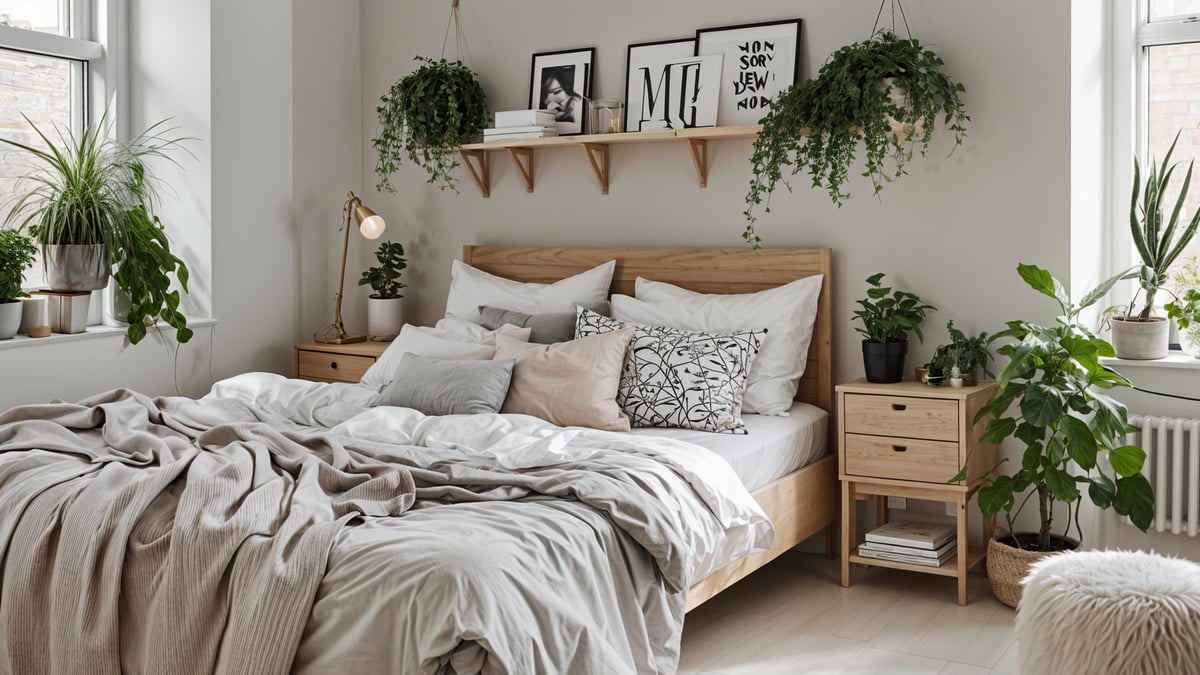 A bedroom with a wooden bed and a shelf above it, featuring a white comforter and black and white pillows.