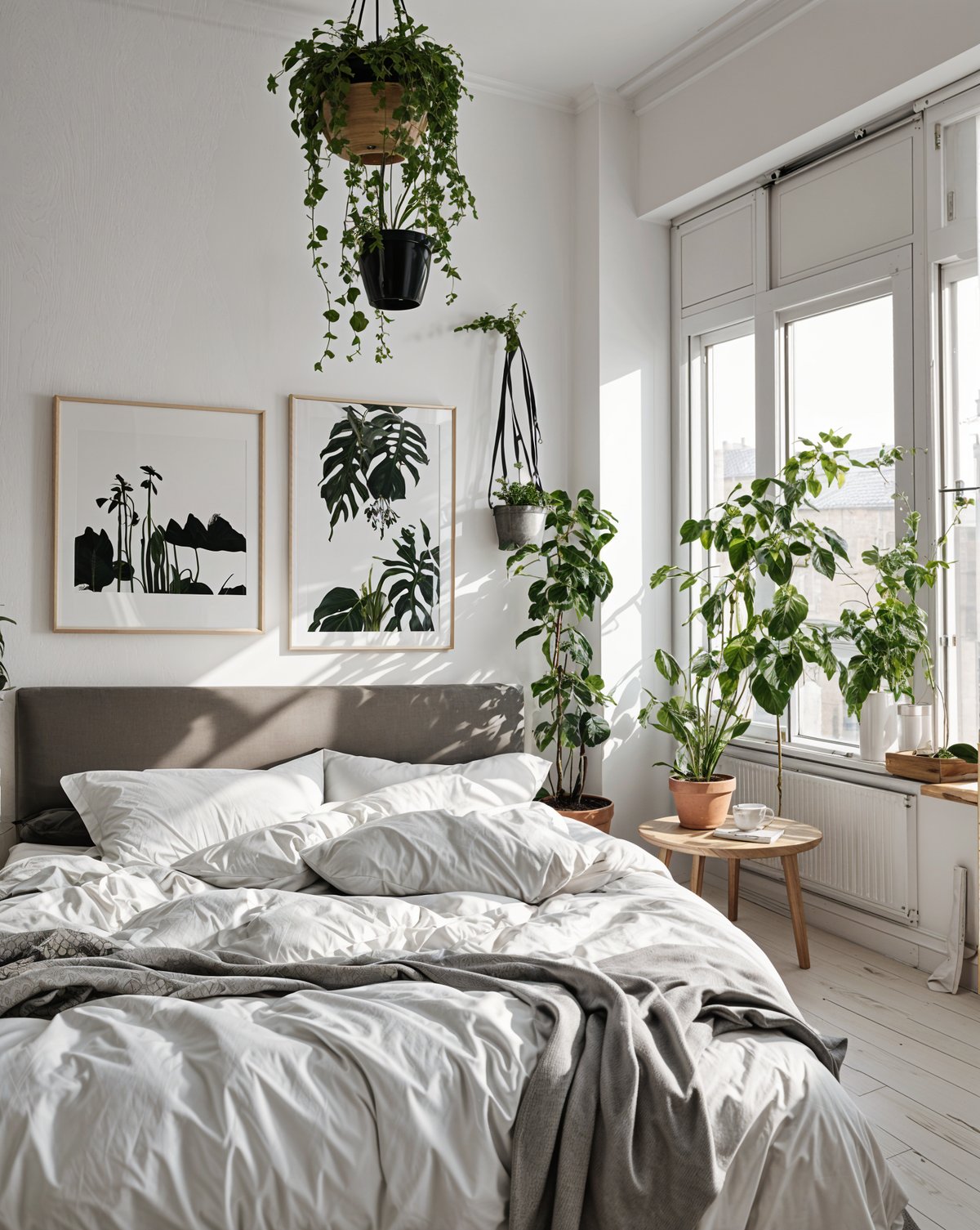 Scandinavian bedroom with a large bed, potted plants, and a window