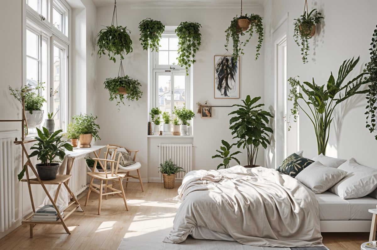 Scandinavian bedroom with a bed, chair, and potted plants. The room is decorated with hanging plants and features a white bed with a white blanket.