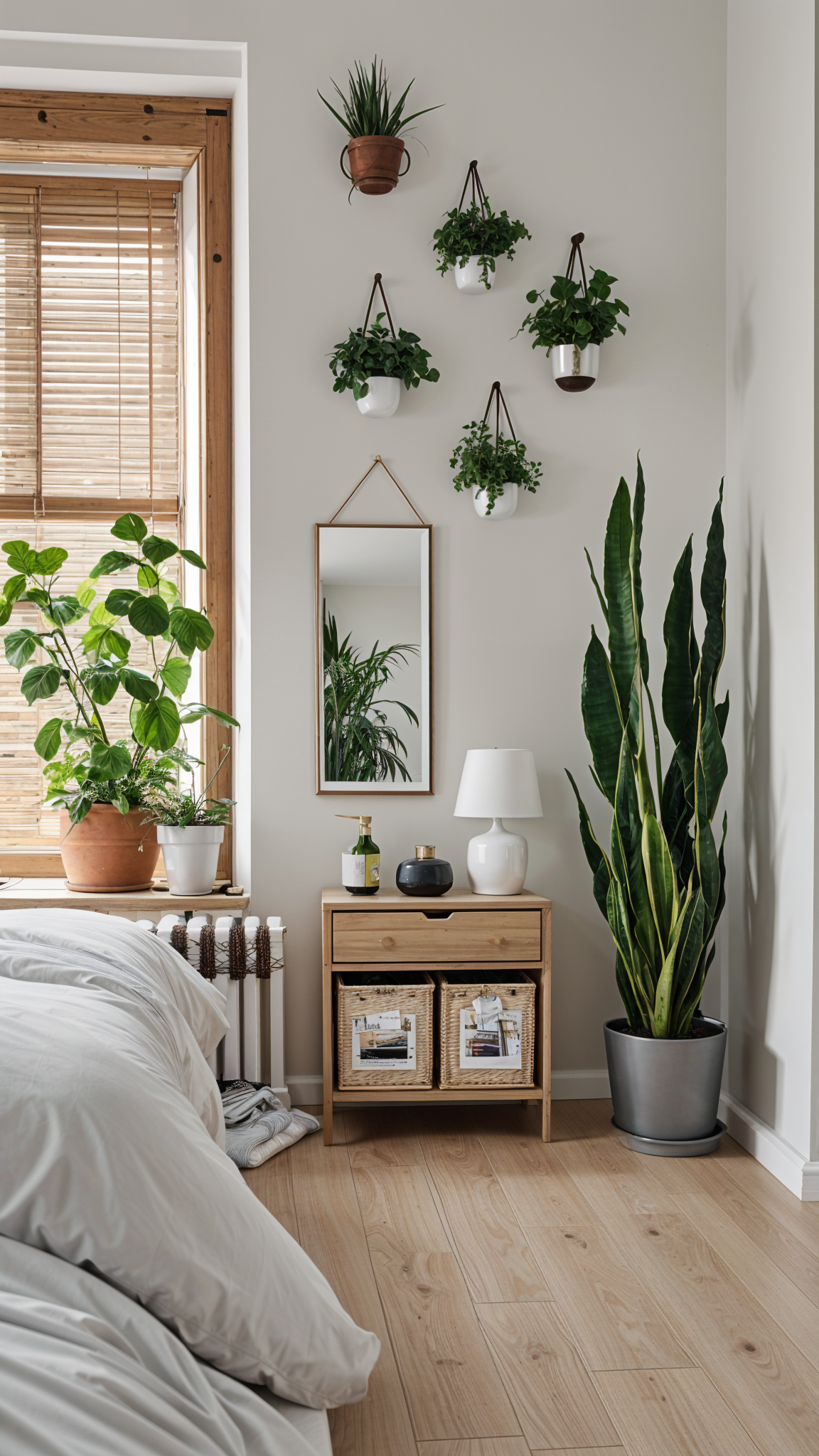 Scandinavian bedroom with white bed, dresser, and potted plants