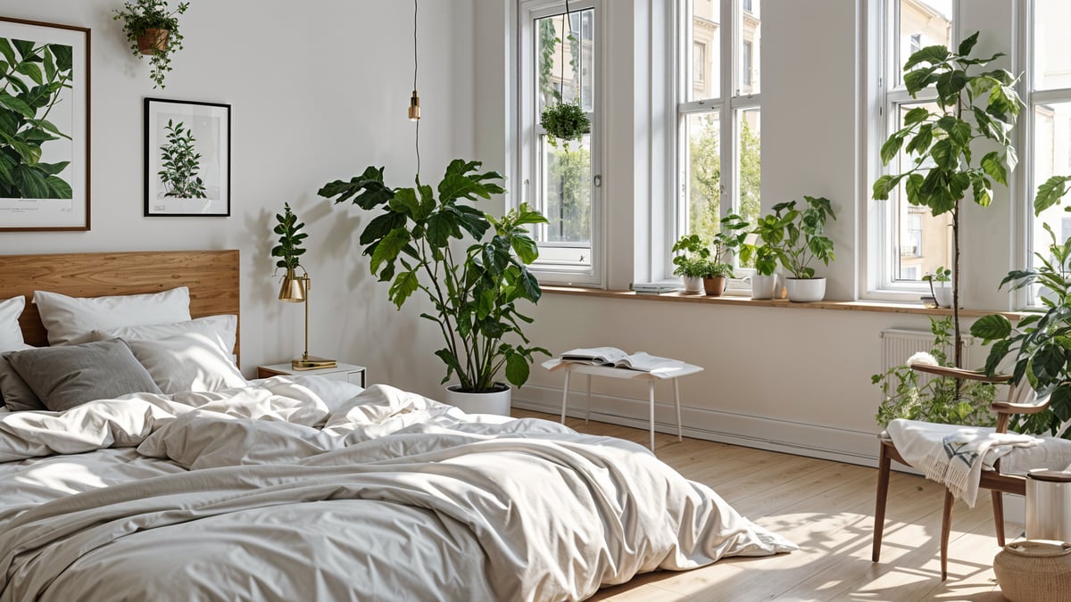 A bedroom with a white bed and several potted plants arranged around the room, creating a Scandinavian-style atmosphere.