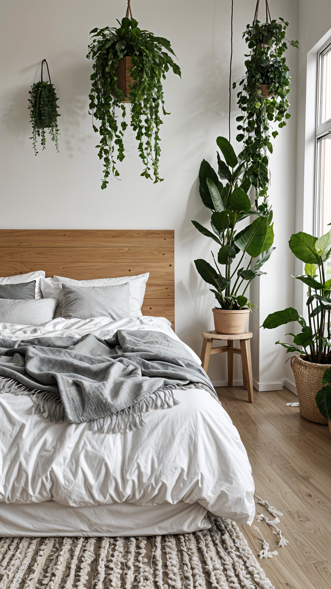 A bedroom with a neatly made bed, a potted plant, and a window. The bed is covered with a white comforter and a grey throw blanket.