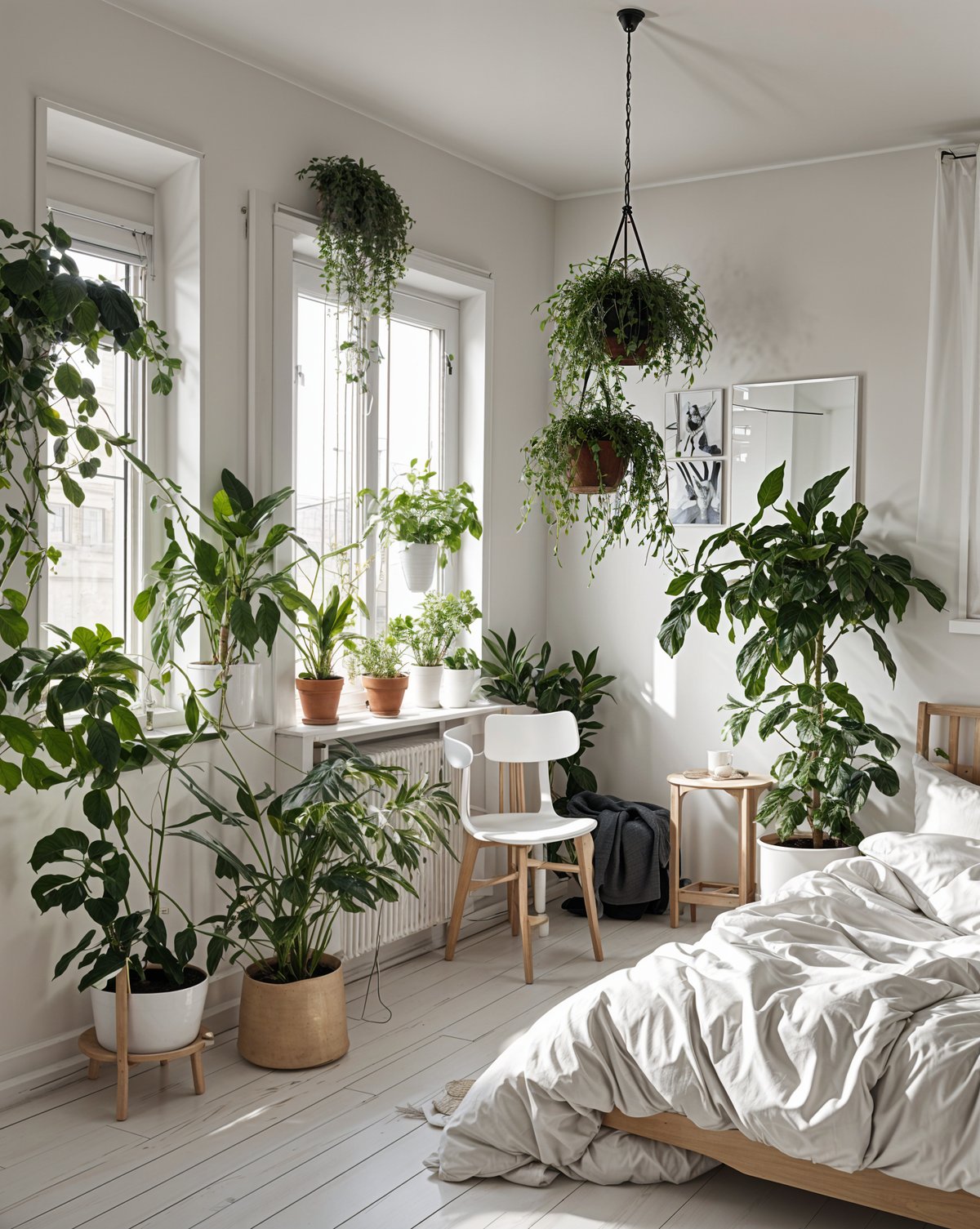 Scandinavian-style bedroom with a white bed, potted plants, and natural light from a window.