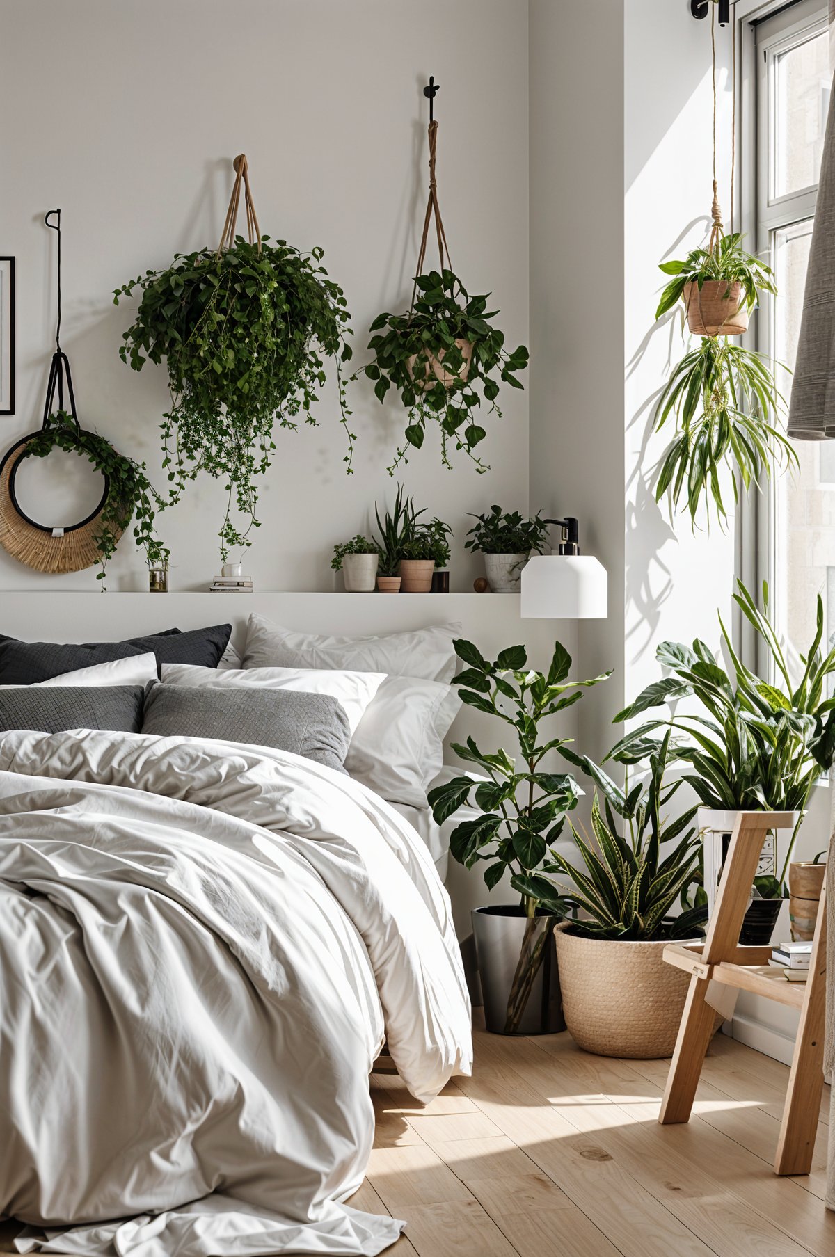 A bedroom with a white bed and several potted plants, creating a Scandinavian-style atmosphere.