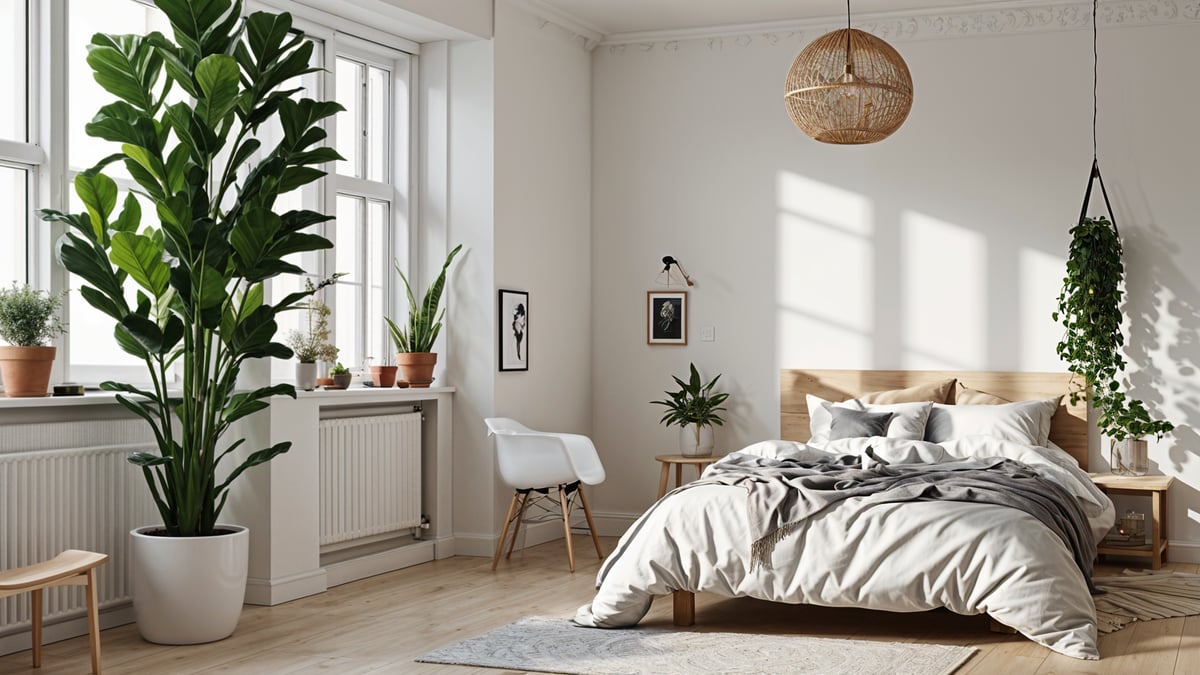 A bedroom with a white bed, a chair, and several potted plants. The room has a minimalist and Scandinavian design style.