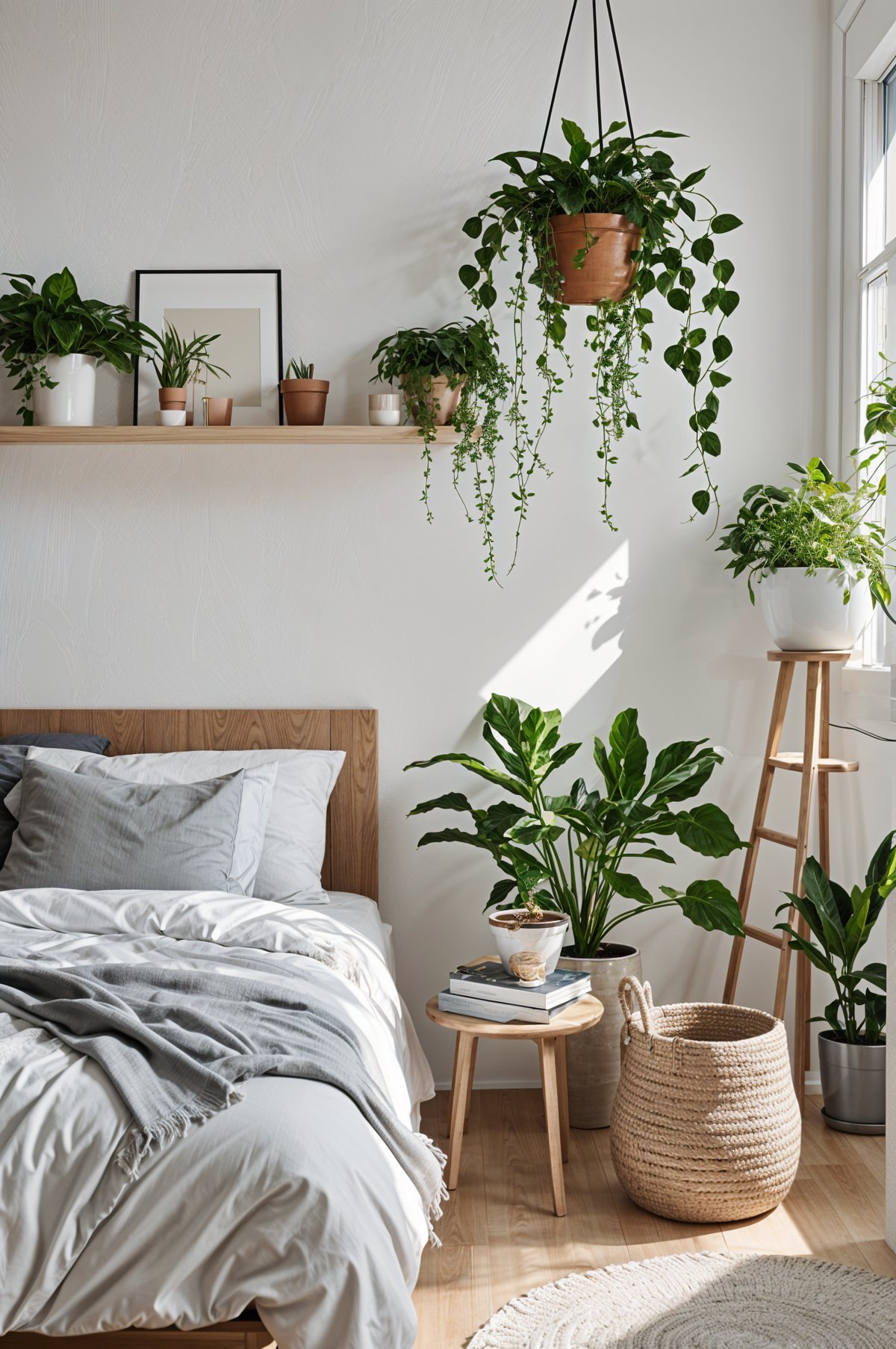 A bedroom with a bed, shelf, and hanging plants in a Scandinavian design style.