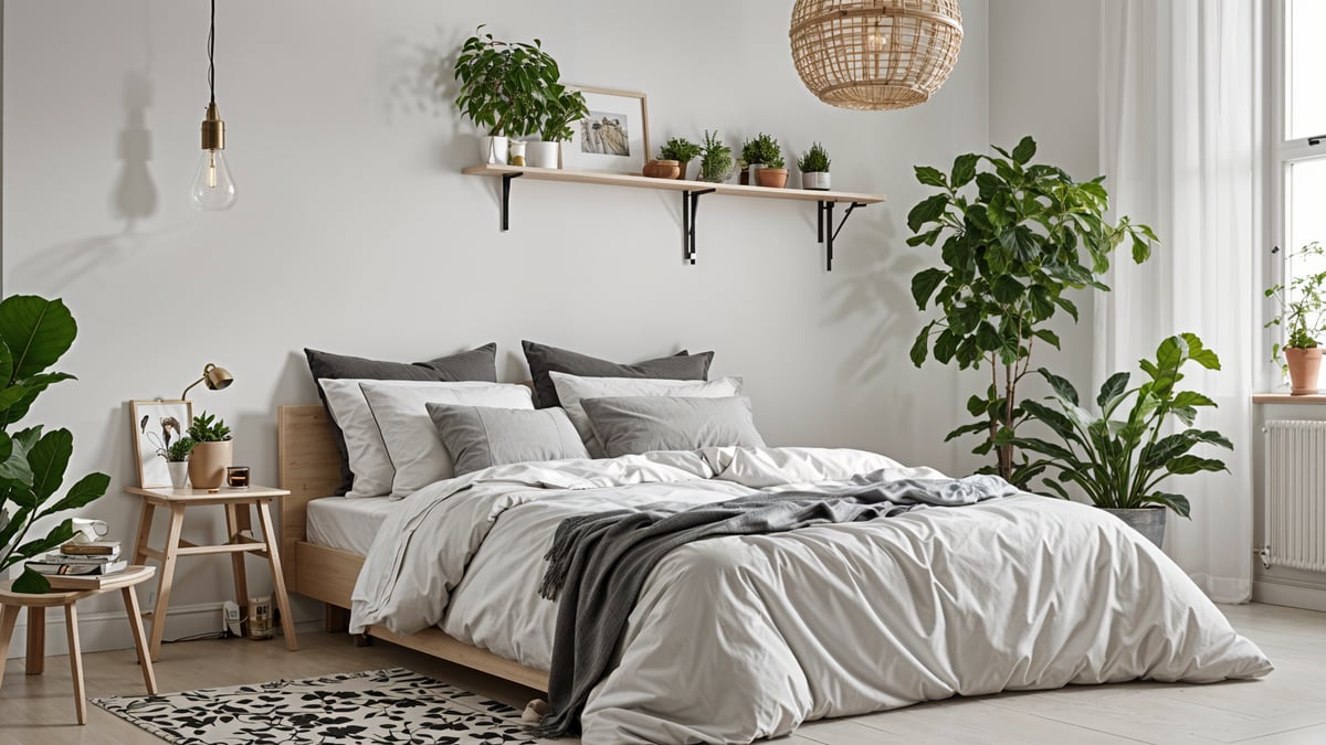 A cozy bedroom with a large bed, grey throw blanket, and multiple potted plants on a shelf.