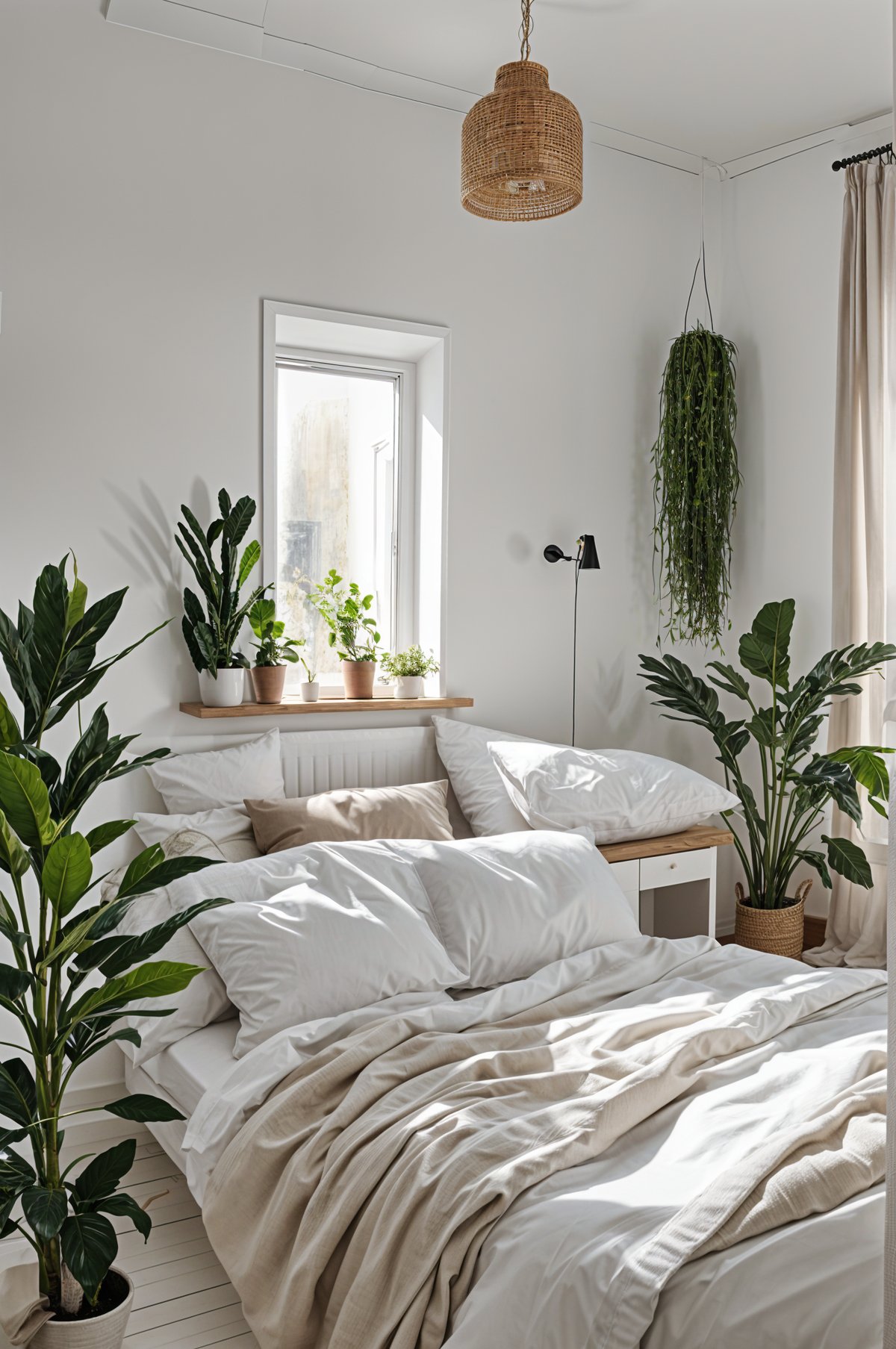 A white bed with pillows and plants in a Scandinavian style bedroom.