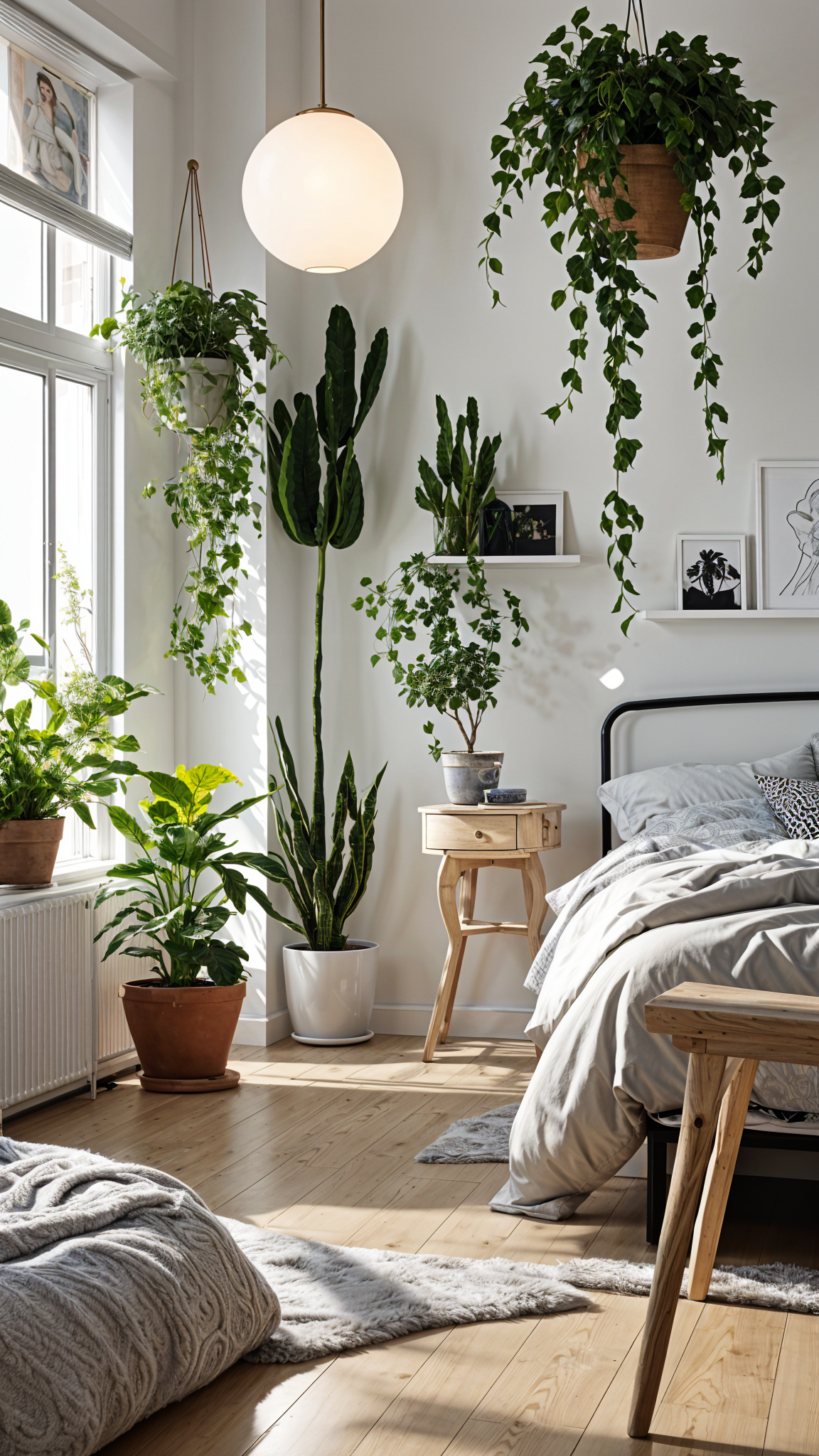 Scandinavian bedroom with a bed, nightstand, and potted plants