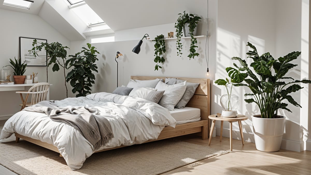 A bedroom with a large bed, wooden headboard, and multiple potted plants.