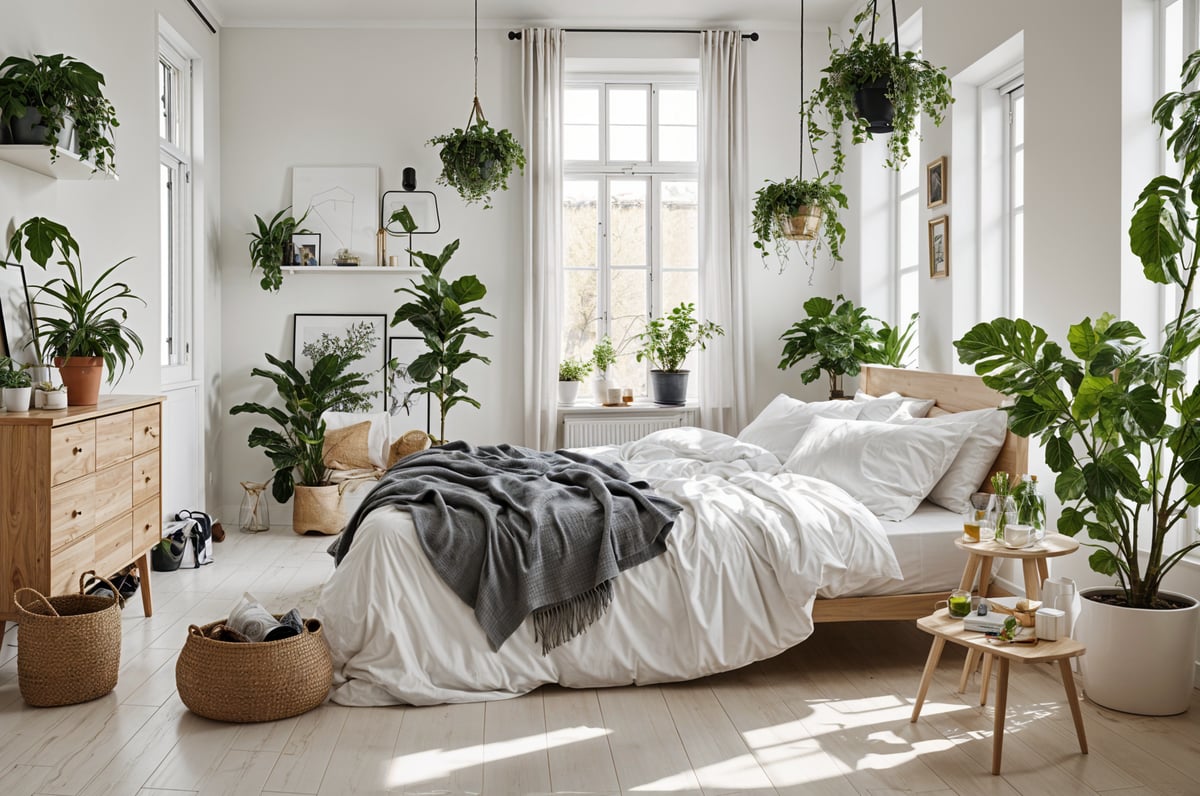 Scandinavian bedroom with a large bed and potted plants