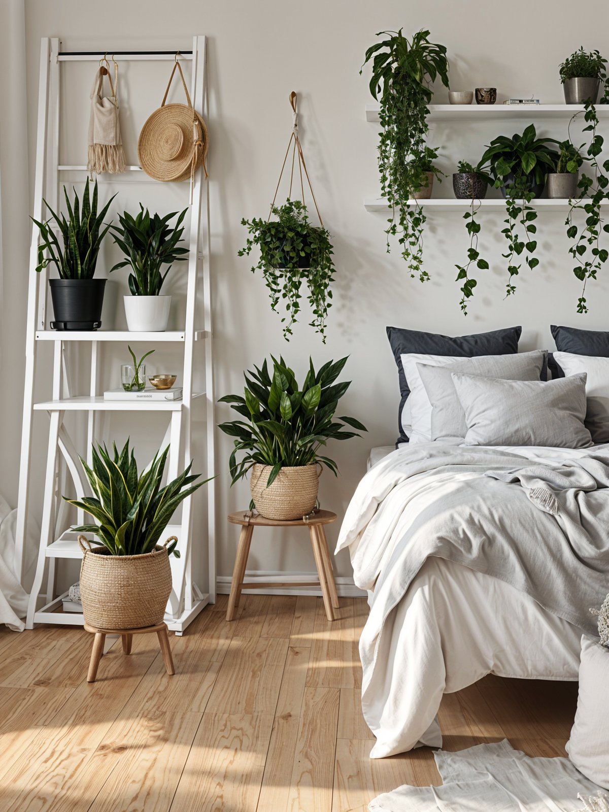 Bedroom with a bed, shelf, and potted plants