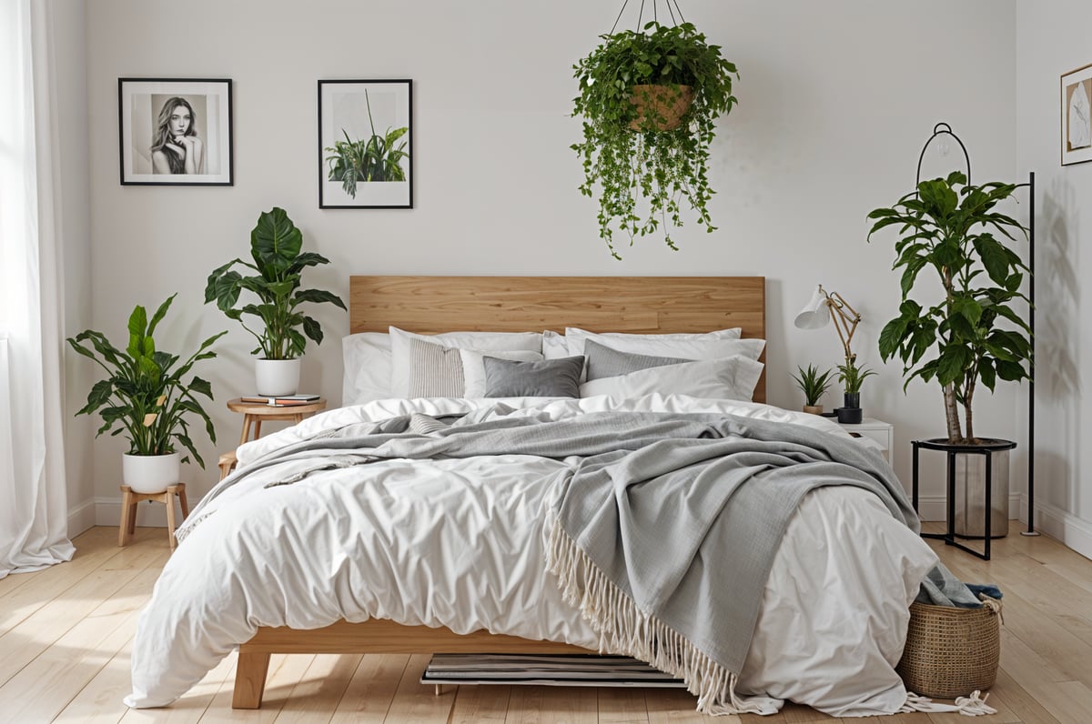 A cozy bedroom with a large bed, wooden headboard, white comforter, and multiple potted plants. The room has a Scandinavian design style.