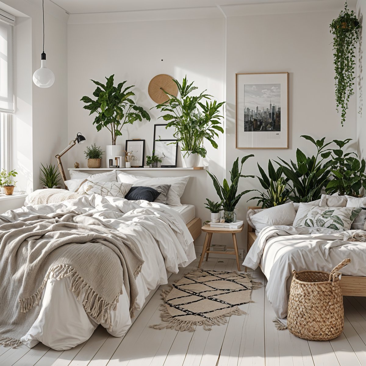 Scandinavian bedroom with two beds, a rug, and potted plants