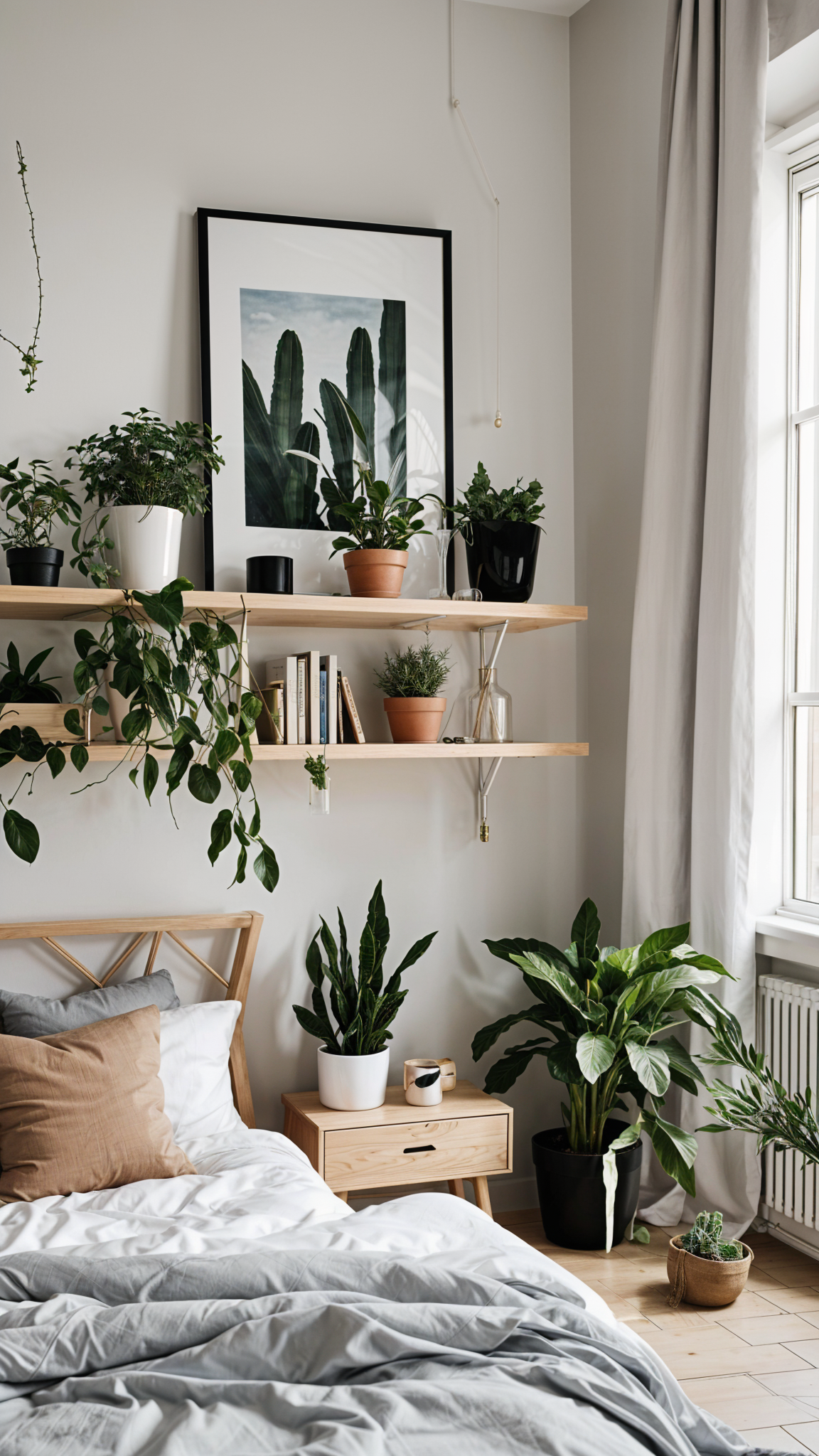 A room with a bed, a shelf with potted plants and books, and a window. The plants are green and the shelf is brown.