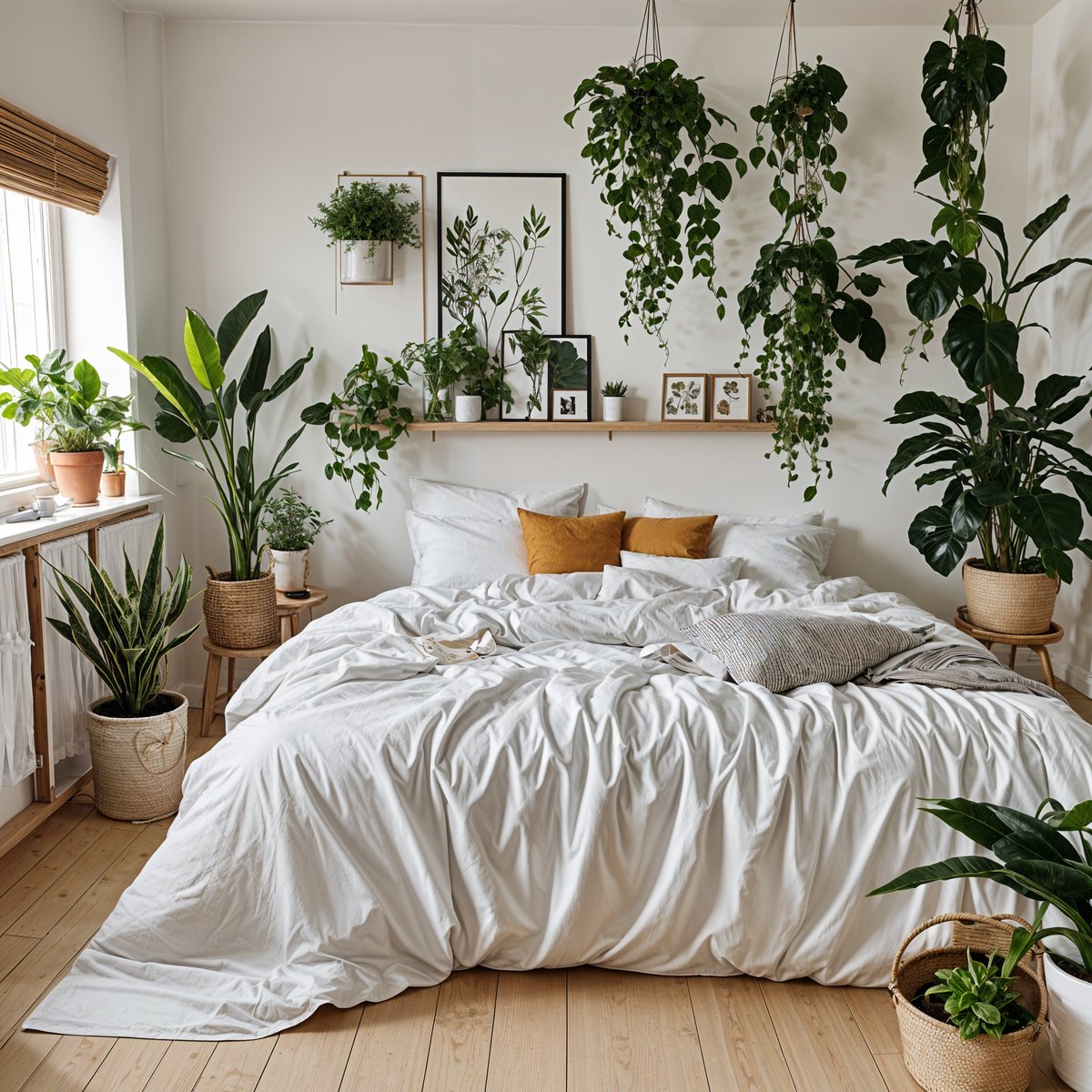 A bedroom with a large bed and several potted plants, featuring a Scandinavian design style.