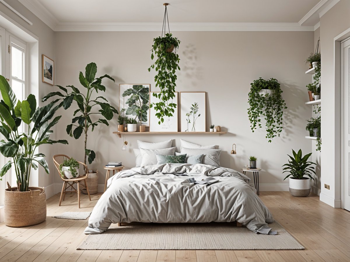 A bedroom with a large bed, a shelf with potted plants, and hanging plants. The room has a Scandinavian design style with a white color scheme and natural elements.