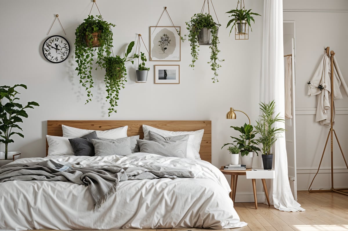 Scandinavian bedroom with a bed and several potted plants