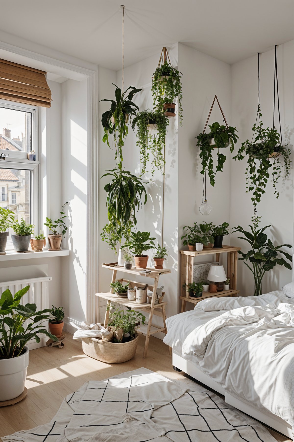 Scandinavian-inspired bedroom with a white bed and many potted plants