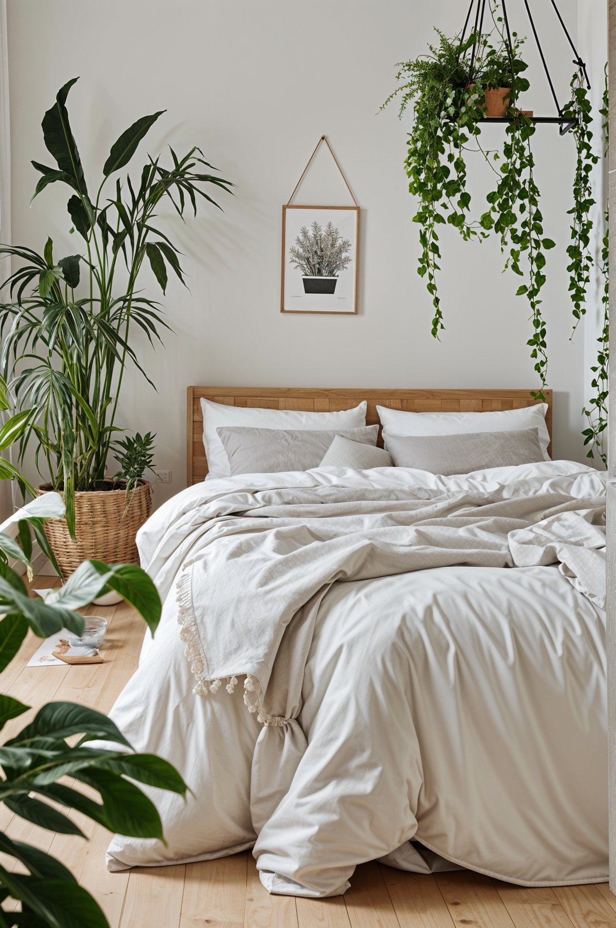 A bedroom with a large bed, wooden headboard, and hanging plants. The room has a Scandinavian design style.