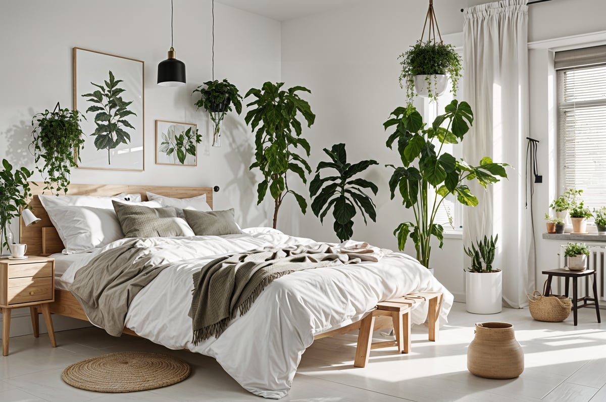 A bedroom with a large bed, a nightstand, and several potted plants. The bed is covered in white linens and has a cozy blanket on it. The room has a Scandinavian design style, with the use of white walls and minimal decorations. The potted plants add a touch of greenery and freshness to the space, creating a calming and inviting atmosphere.