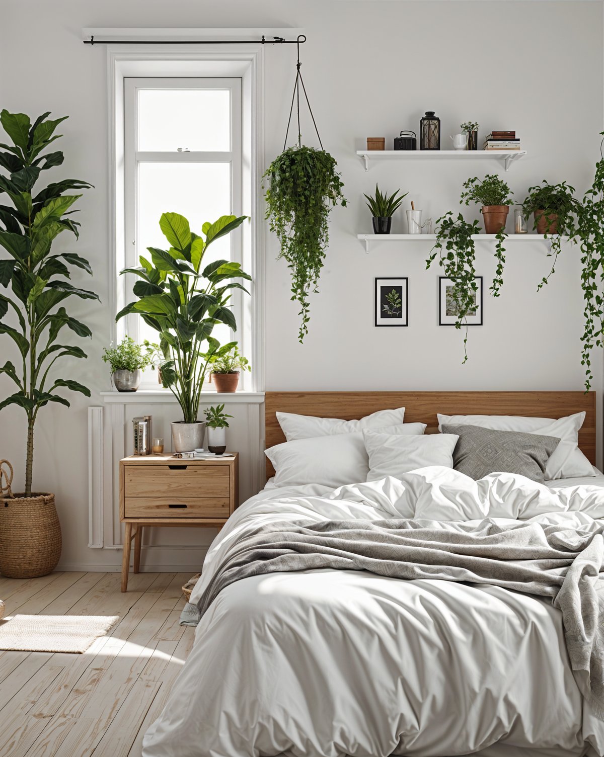 Scandinavian-style bedroom with a white bed and potted plants on a shelf and window sill.