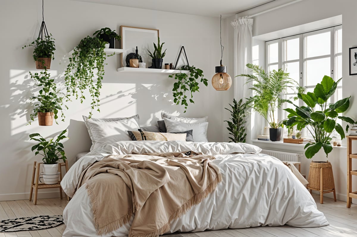 A cozy bedroom with a large bed, a white color scheme, and a variety of green plants. The bed is covered with a white comforter and blanket, and there are several pillows on it.