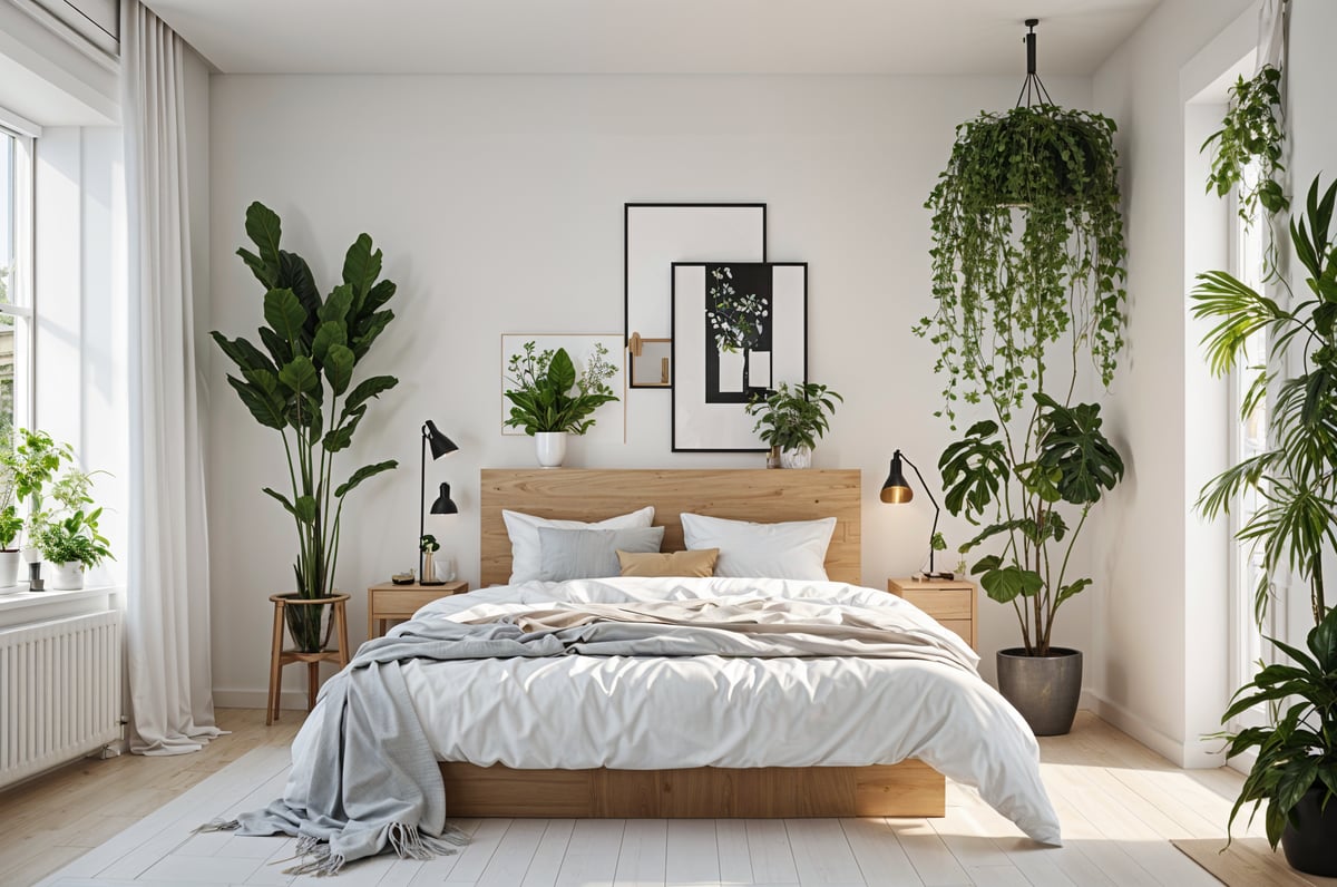 A bedroom with a large bed and a few potted plants. The bed is covered with a white comforter and has a wooden headboard. The room also features a few hanging plants, adding a touch of greenery to the space.