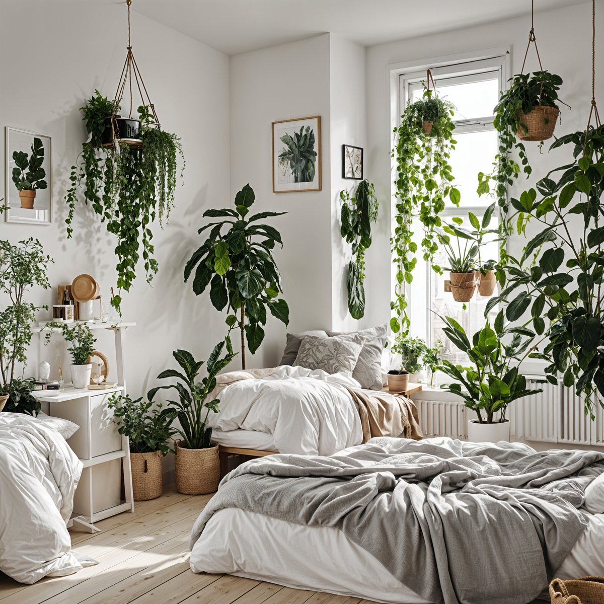 Scandinavian bedroom with a bed, window, and hanging plants