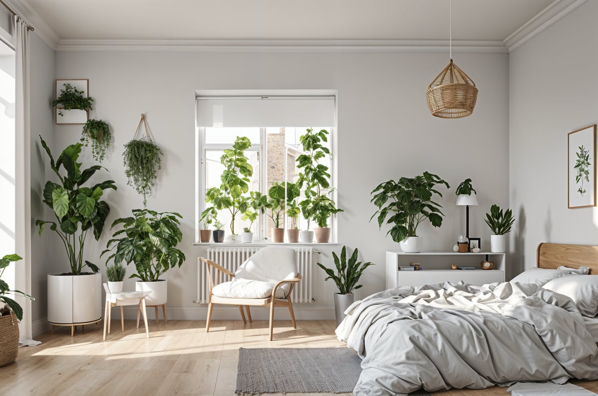 Scandinavian bedroom with a large bed, chair, radiator, and potted plants