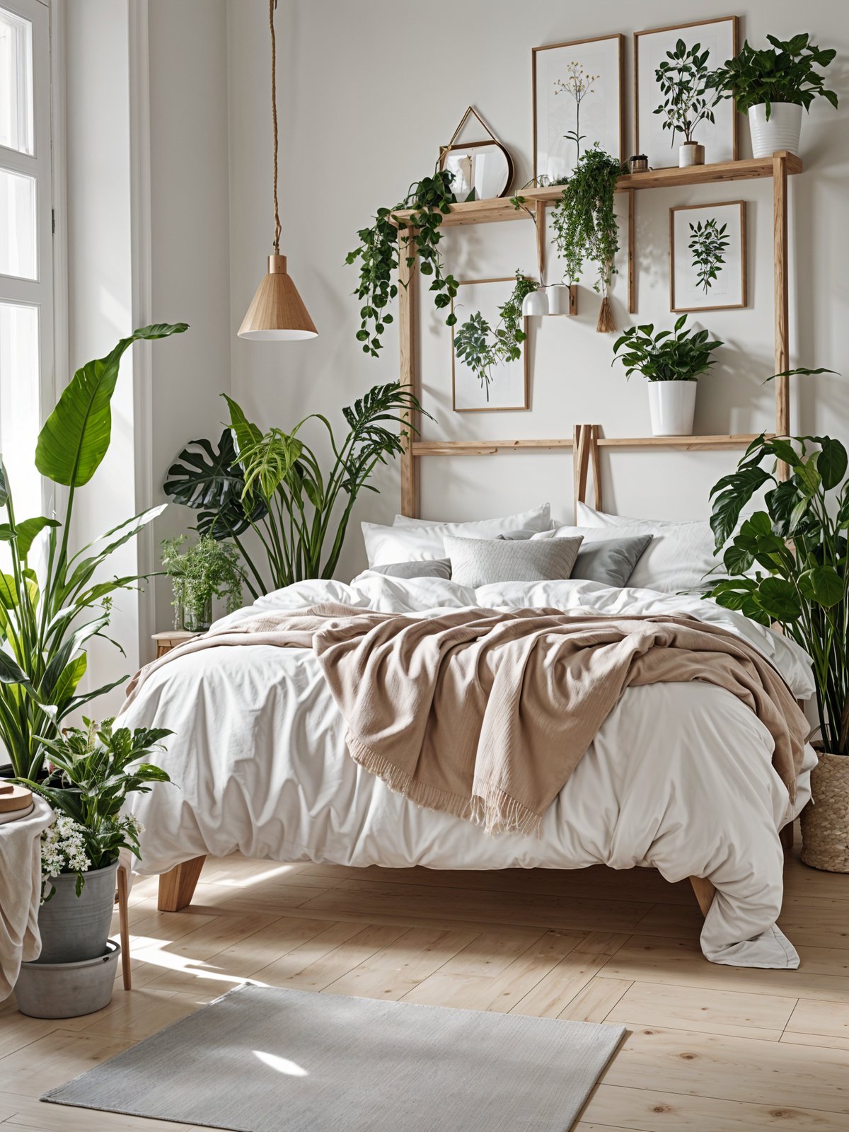 A bedroom with a large bed and a variety of potted plants, featuring a Scandinavian design style.