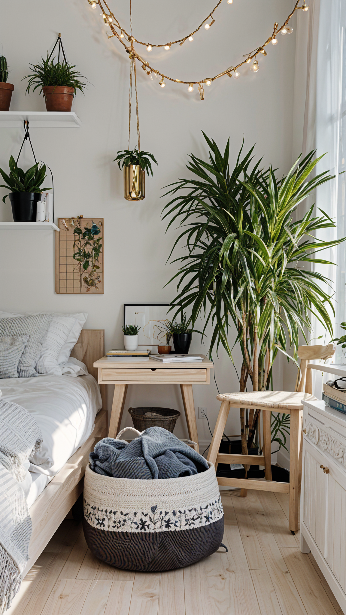 Scandinavian-style bedroom with a bed, desk, and potted plants