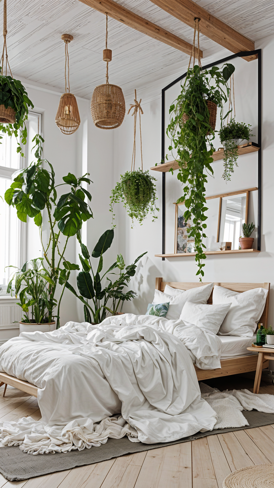 Scandinavian-style bedroom with a white bed and hanging plants