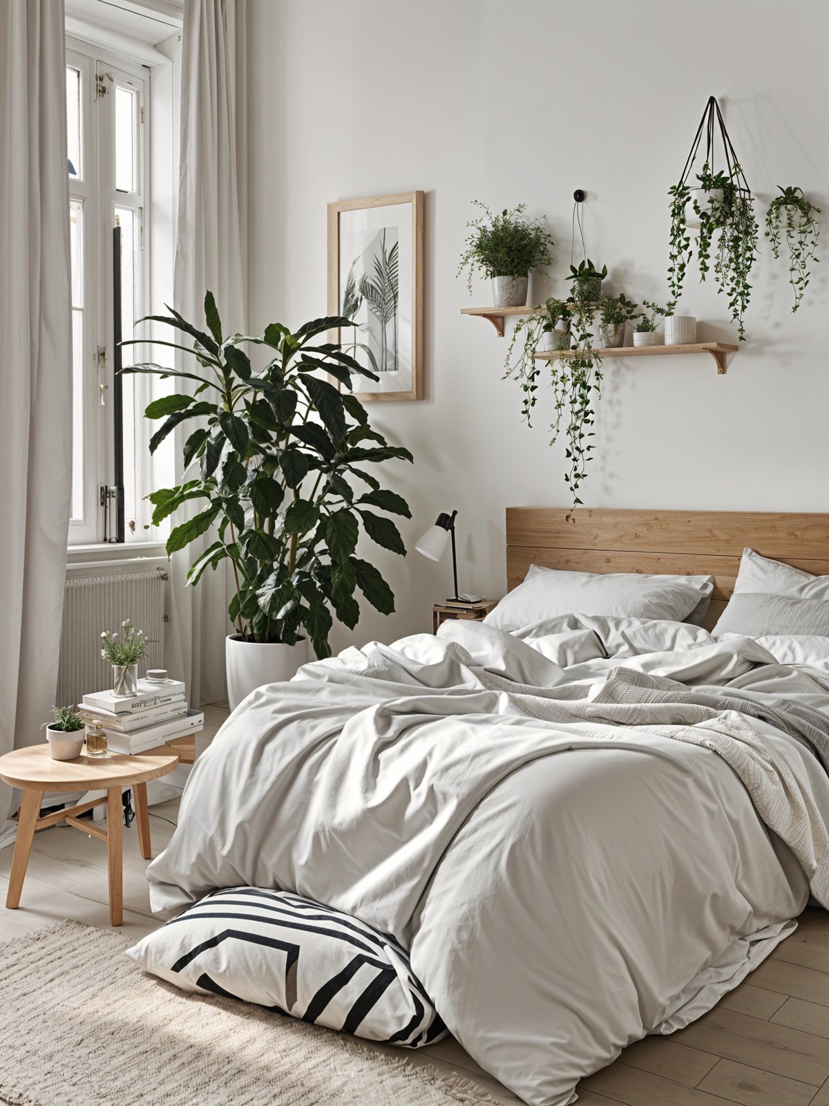 A cozy bedroom with a large bed, a small table, and a few potted plants. The bed is covered with a white comforter and has a wooden headboard.