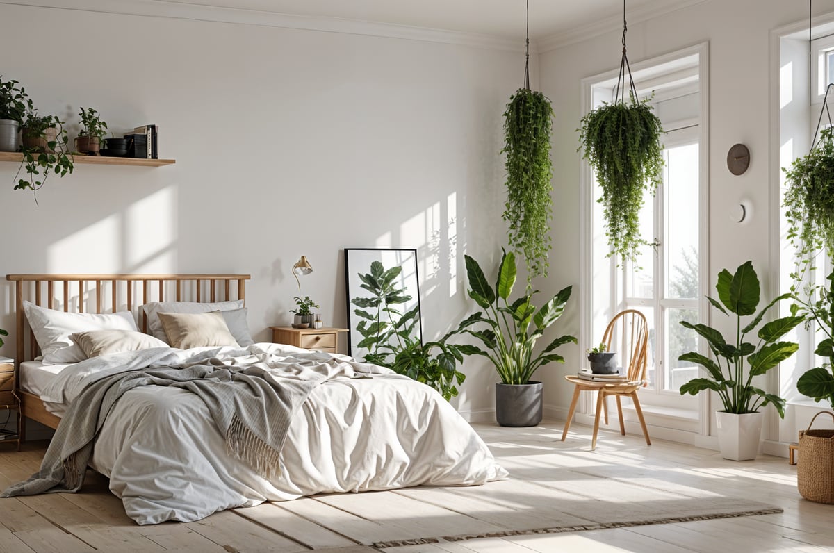 Scandinavian bedroom with a large bed, potted plants, and a window