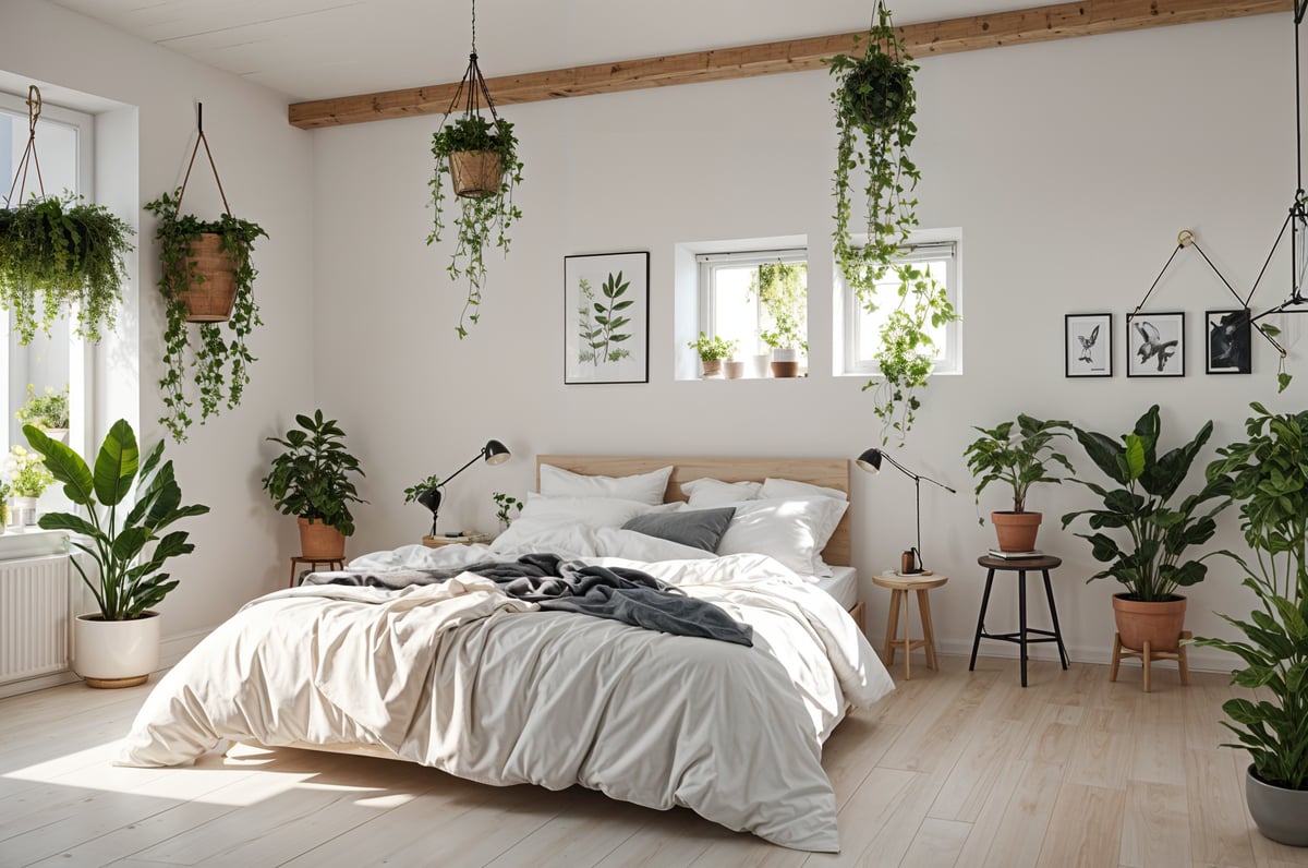 Scandinavian-style bedroom with a large bed, white linens, and hanging plants.