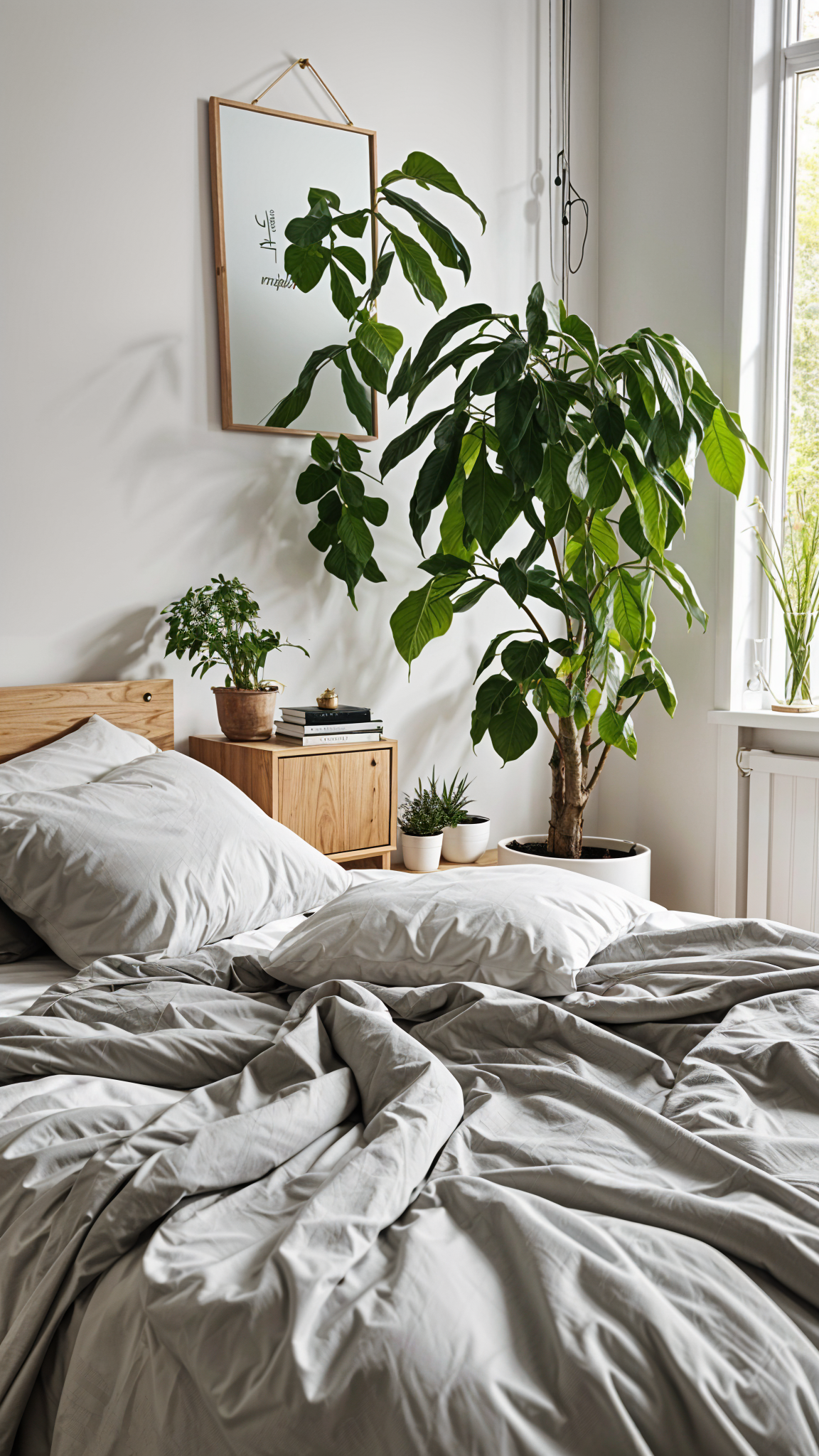 A bedroom with a bed, a dresser, and a window. The bed has white pillows and a white comforter. There is a potted plant and a record player on the dresser. The room has a Scandinavian design style.